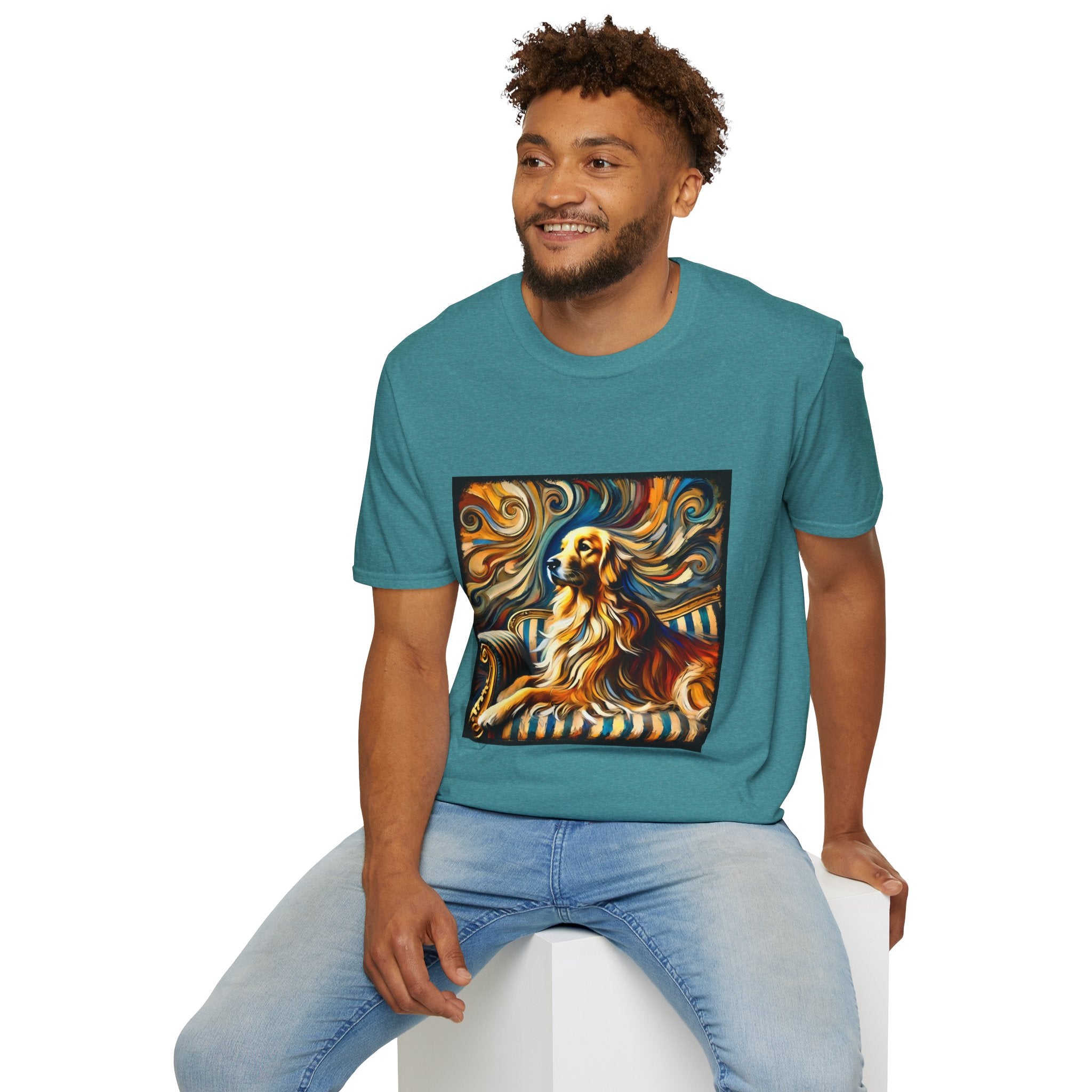 Male model in teal dog t-shirt featuring golden retriever on striped settee with swirling abstract background in golds.