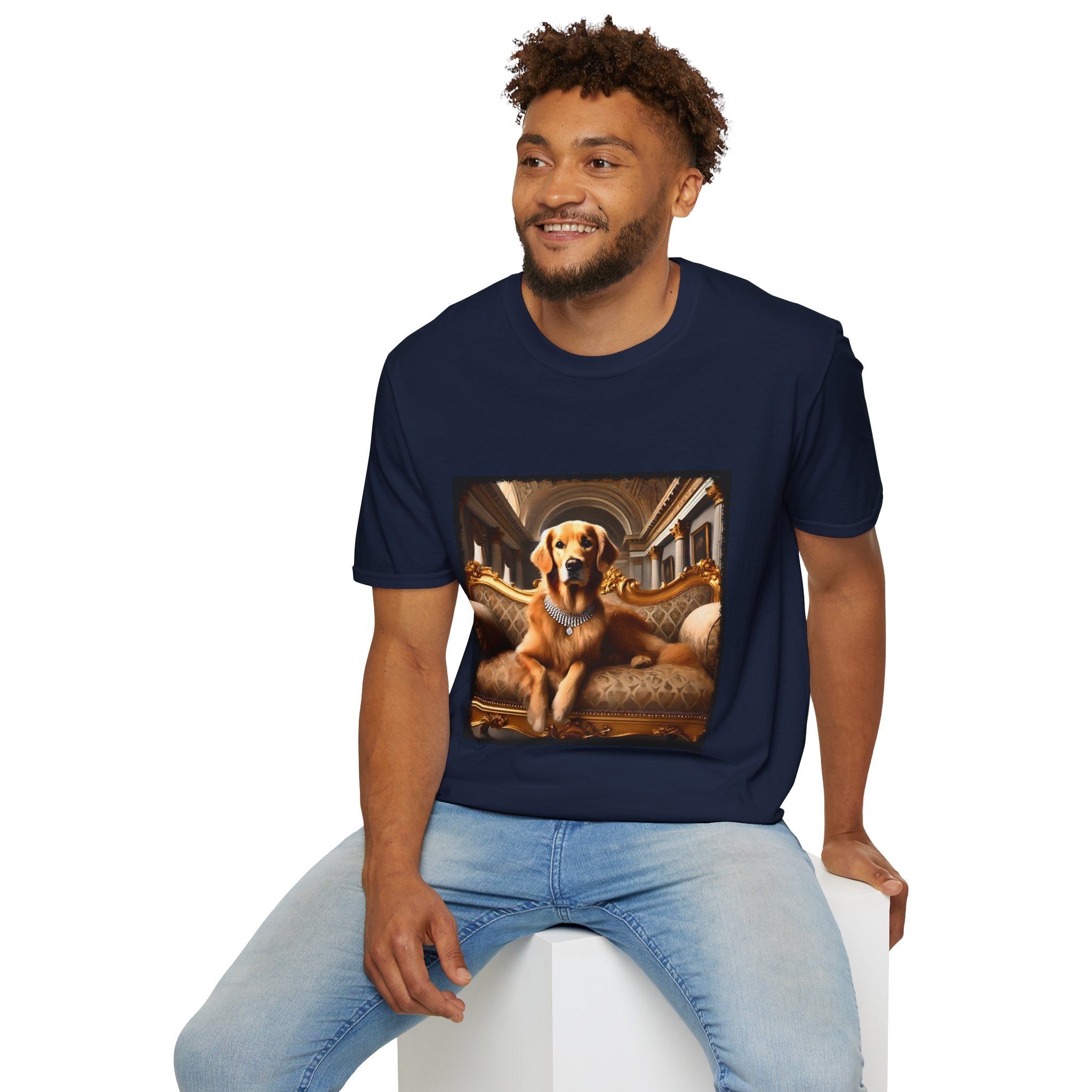 Male model in navy dog t-shirt featuring regal golden retriever in diamond collar lounging on ornate gold baroque settee.