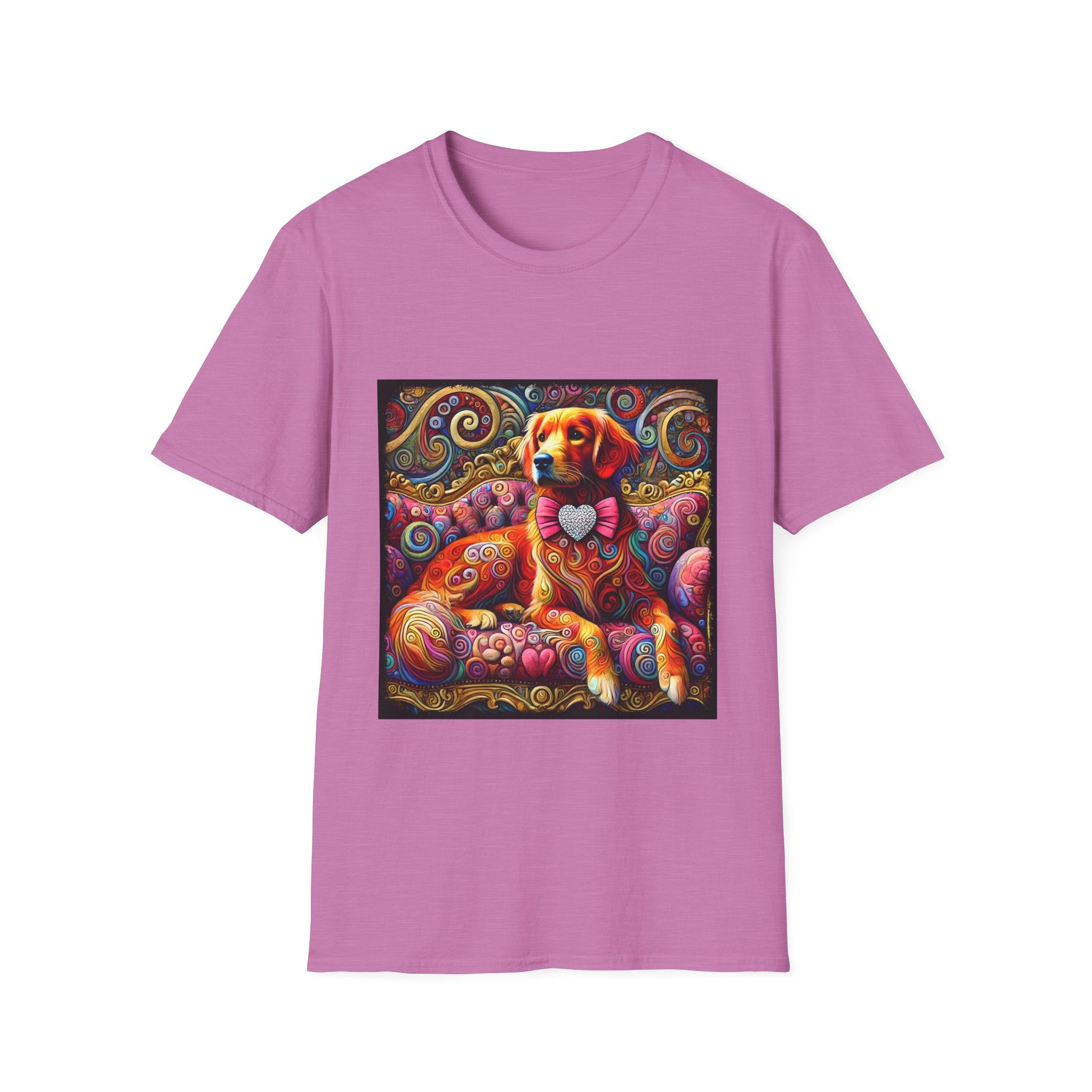 Pink orchid dog t-shirt with golden retriever in pink bow on vibrant swirl settee with heart details.