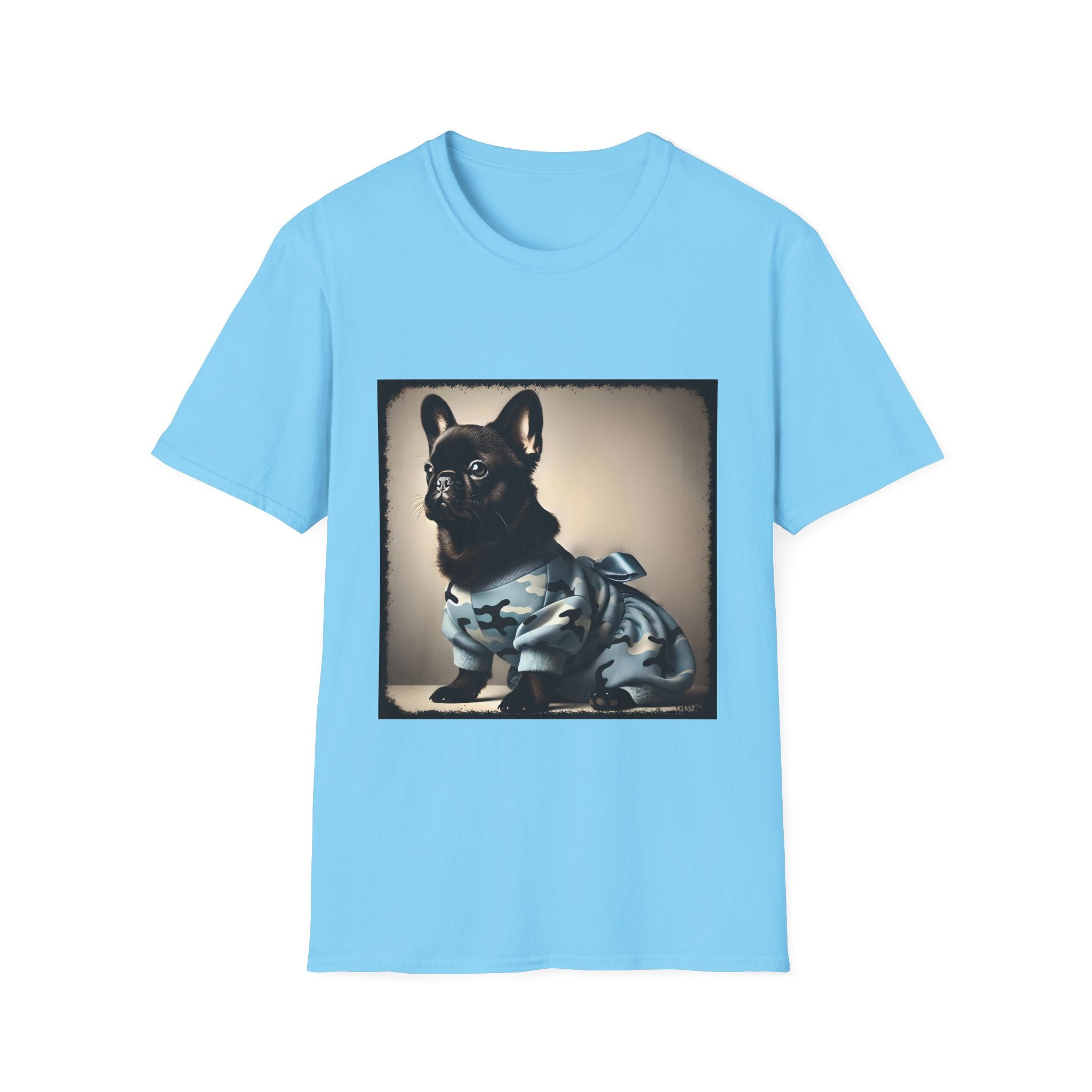 Sky blue dog t-shirt featuring black French Bulldog in blue camo outfit with bow, set in soft vintage portrait.