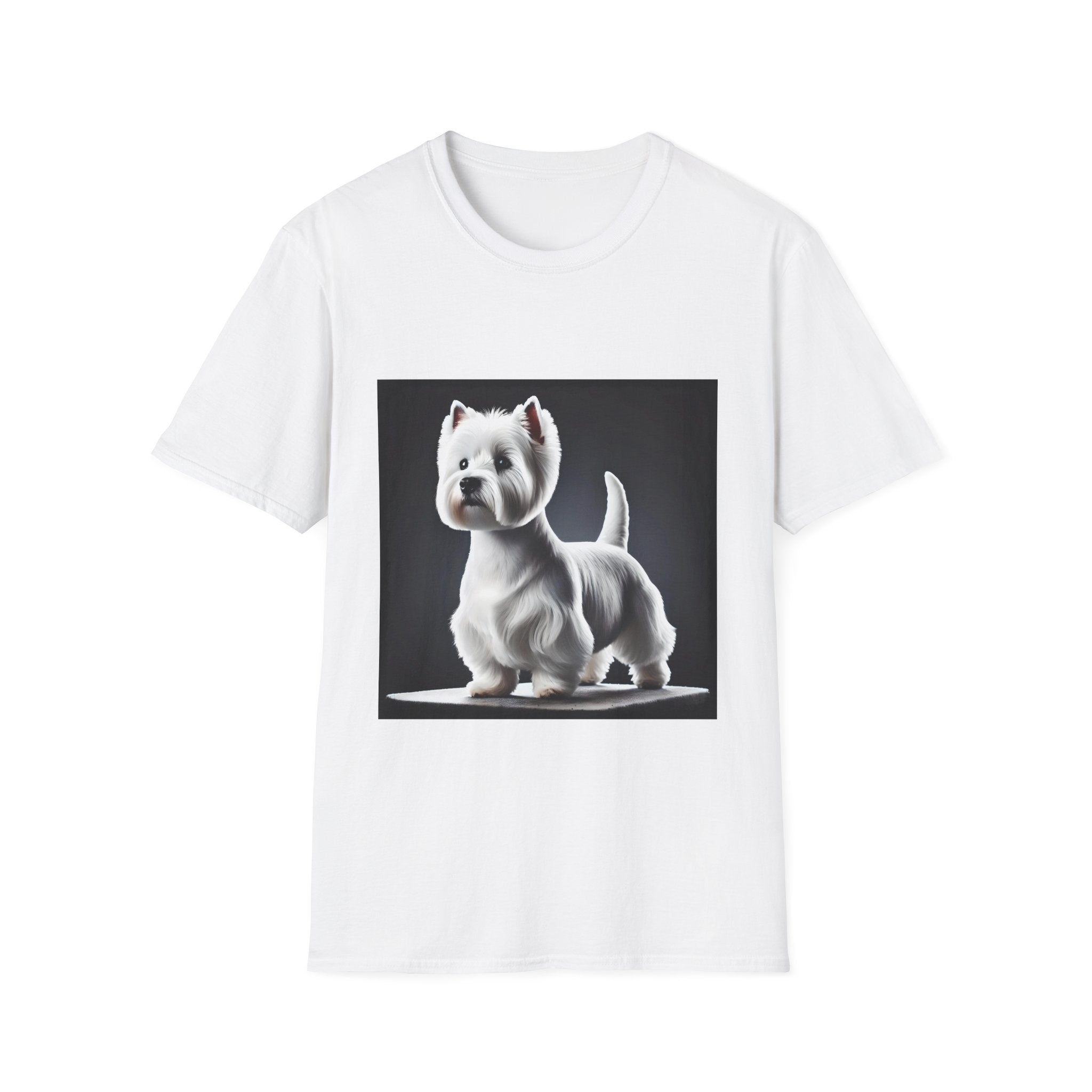 White dog t-shirt featuring a Westie standing proud on a platform against a dramatic dark backdrop.
