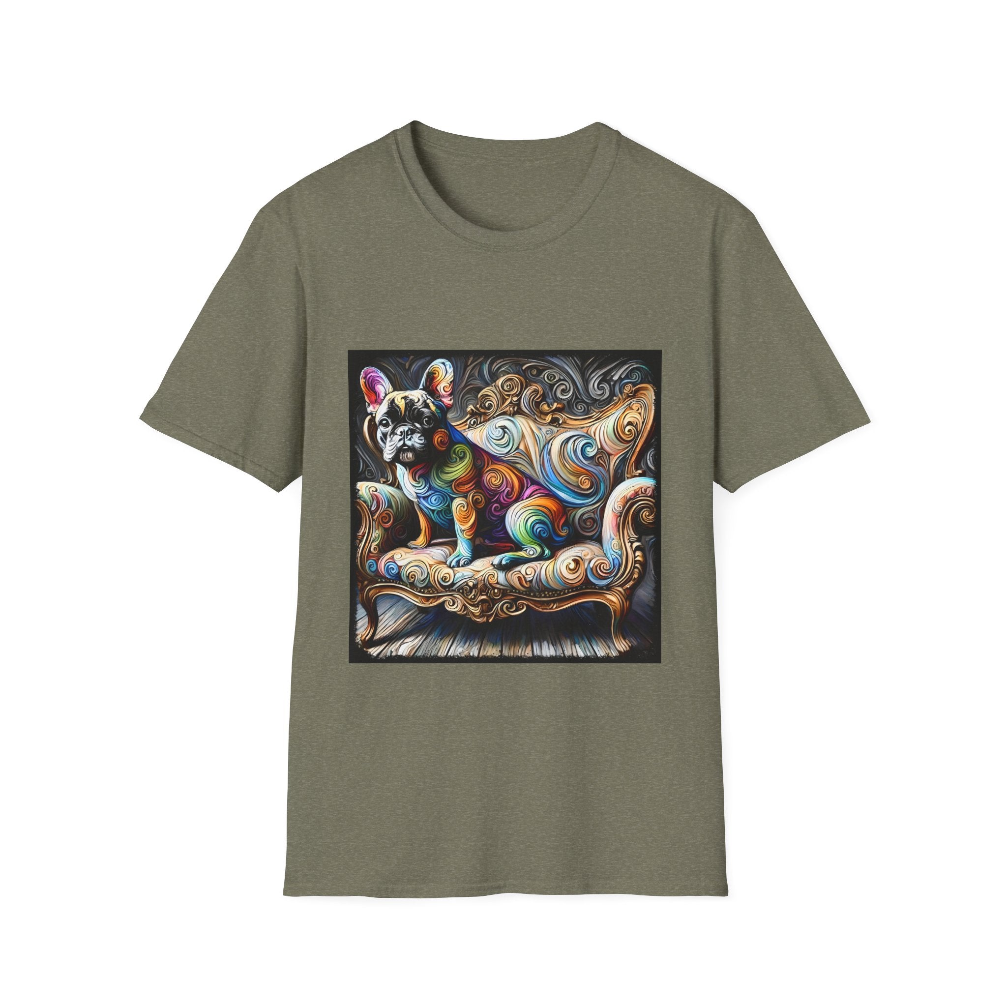 Heather military green t-shirt featuring rainbow French Bulldog on golden settee with swirl pattern, expressionism style.