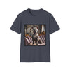 Heather navy dog t-shirt featuring gray French Bulldog in jeweled necklace on tufted settee with grand palace-style background.