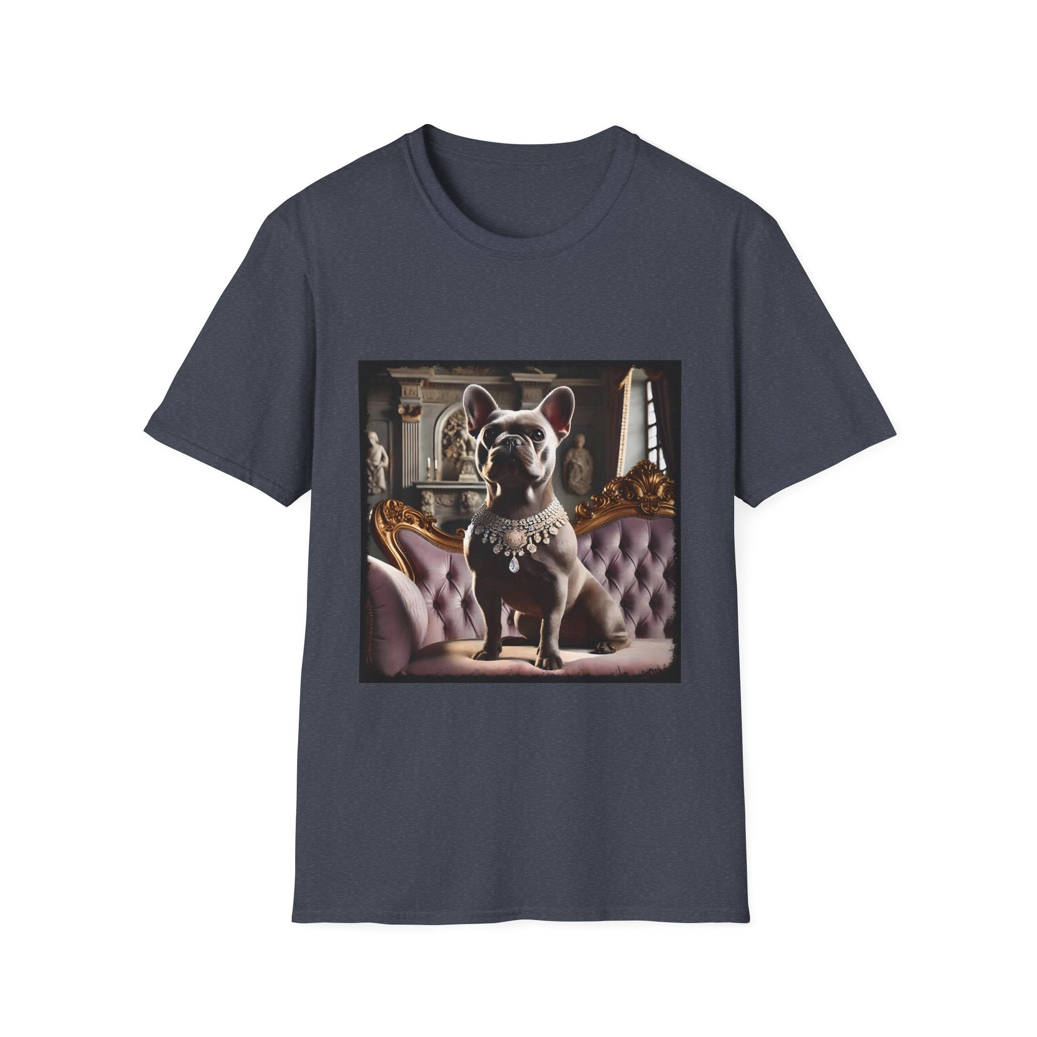 Heather navy dog t-shirt featuring gray French Bulldog in jeweled necklace on tufted settee with grand palace-style background.