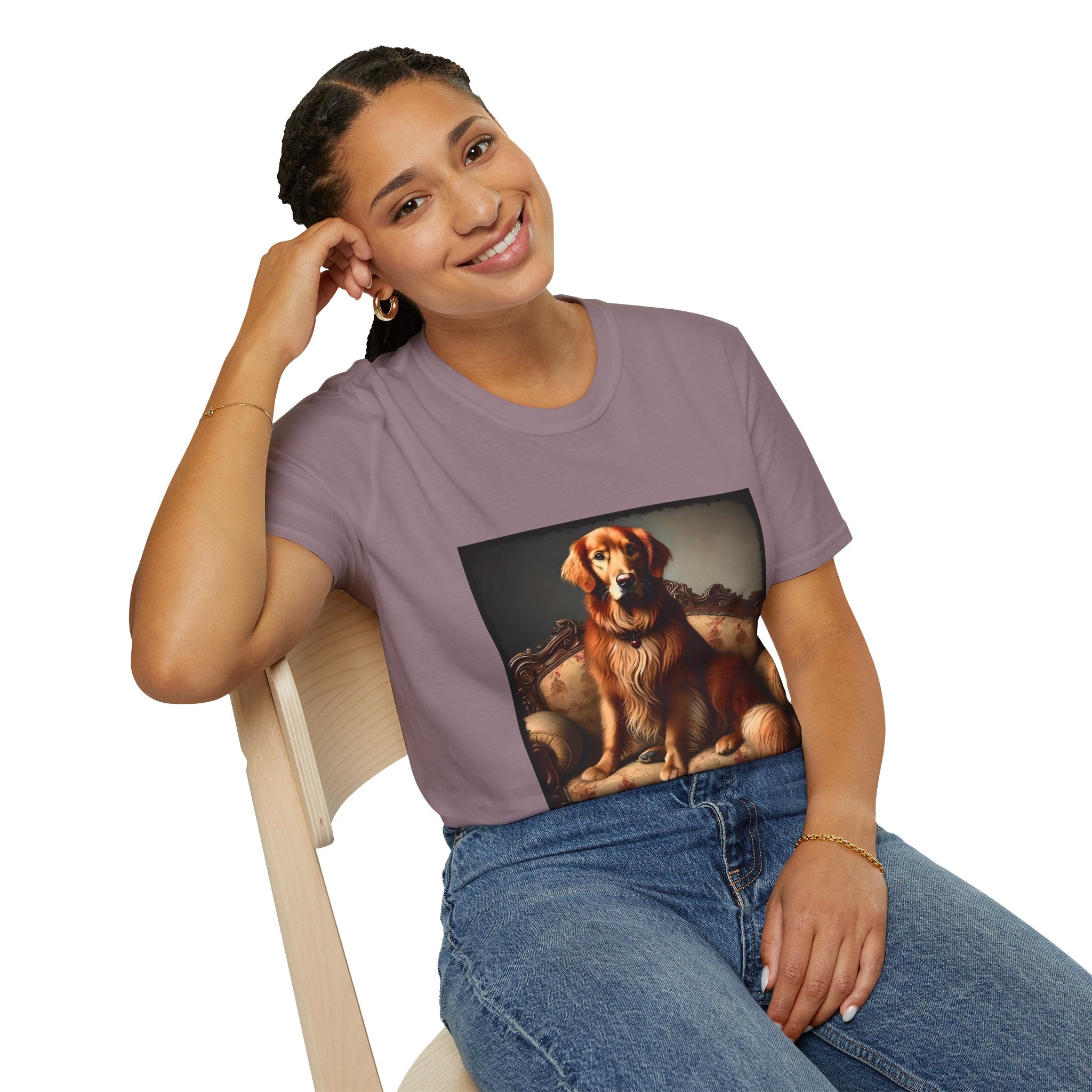 Female sitting in mauve dog t-shirt featuring golden retriever on ornate settee with long fur and classic red tones.