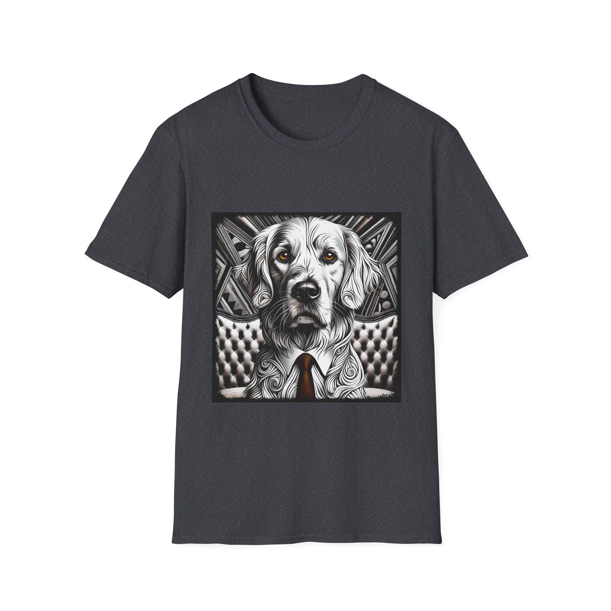 Dark heather dog t-shirt featuring monochrome golden retriever with brown eyes and tie in front of settee.