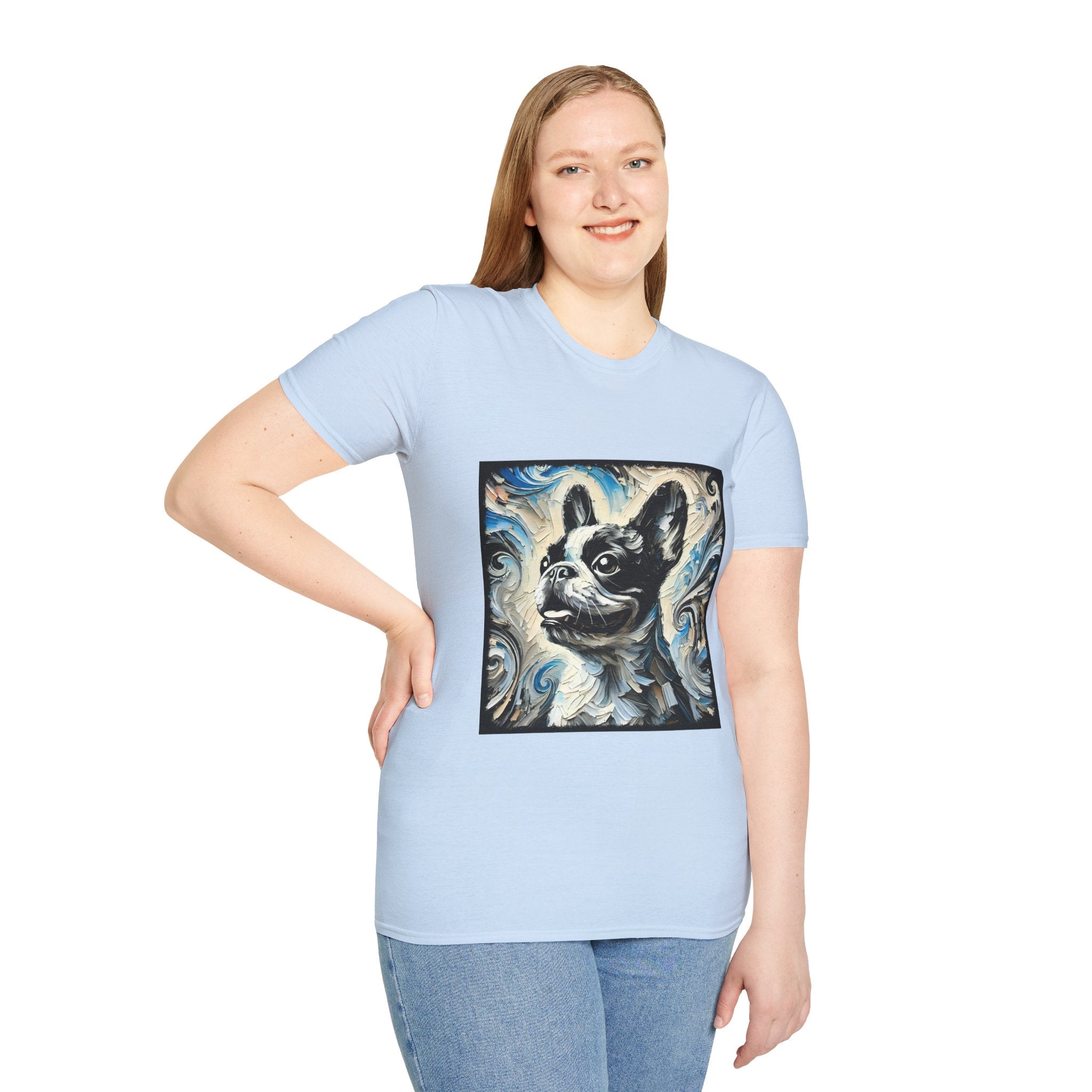 Female model in light blue dog t-shirt featuring black and white French Bulldog portrait on swirl-patterned vintage background.