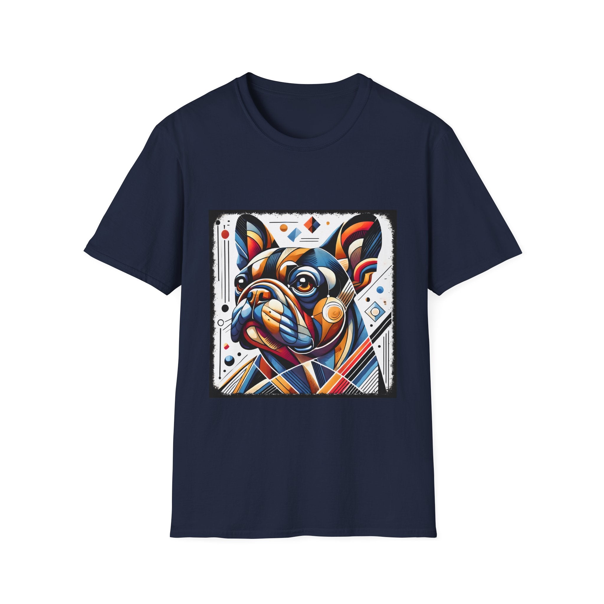 Navy blue dog t-shirt featuring geometric-style French Bulldog in vivid orange, blue, and red against a white abstract background.