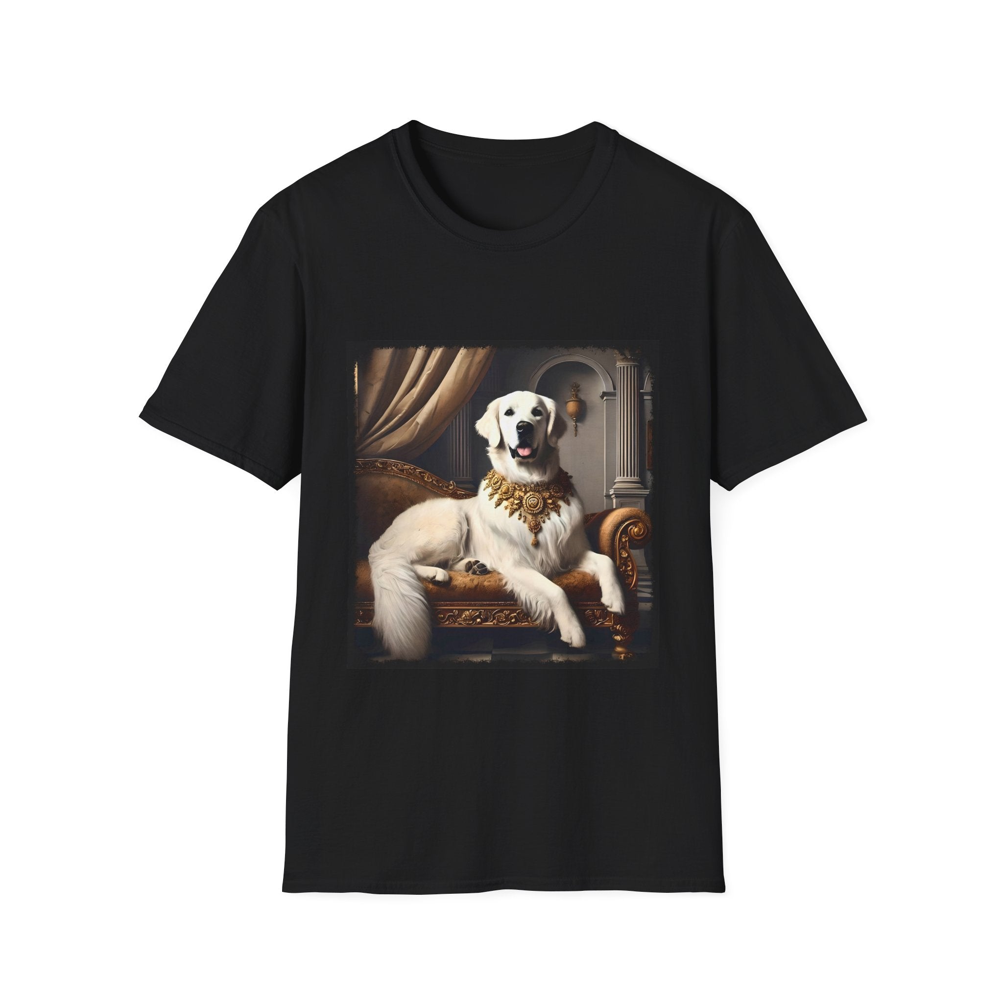 Black dog t-shirt featuring a regal white golden retriever lounging on a gold settee with ornate curtains.