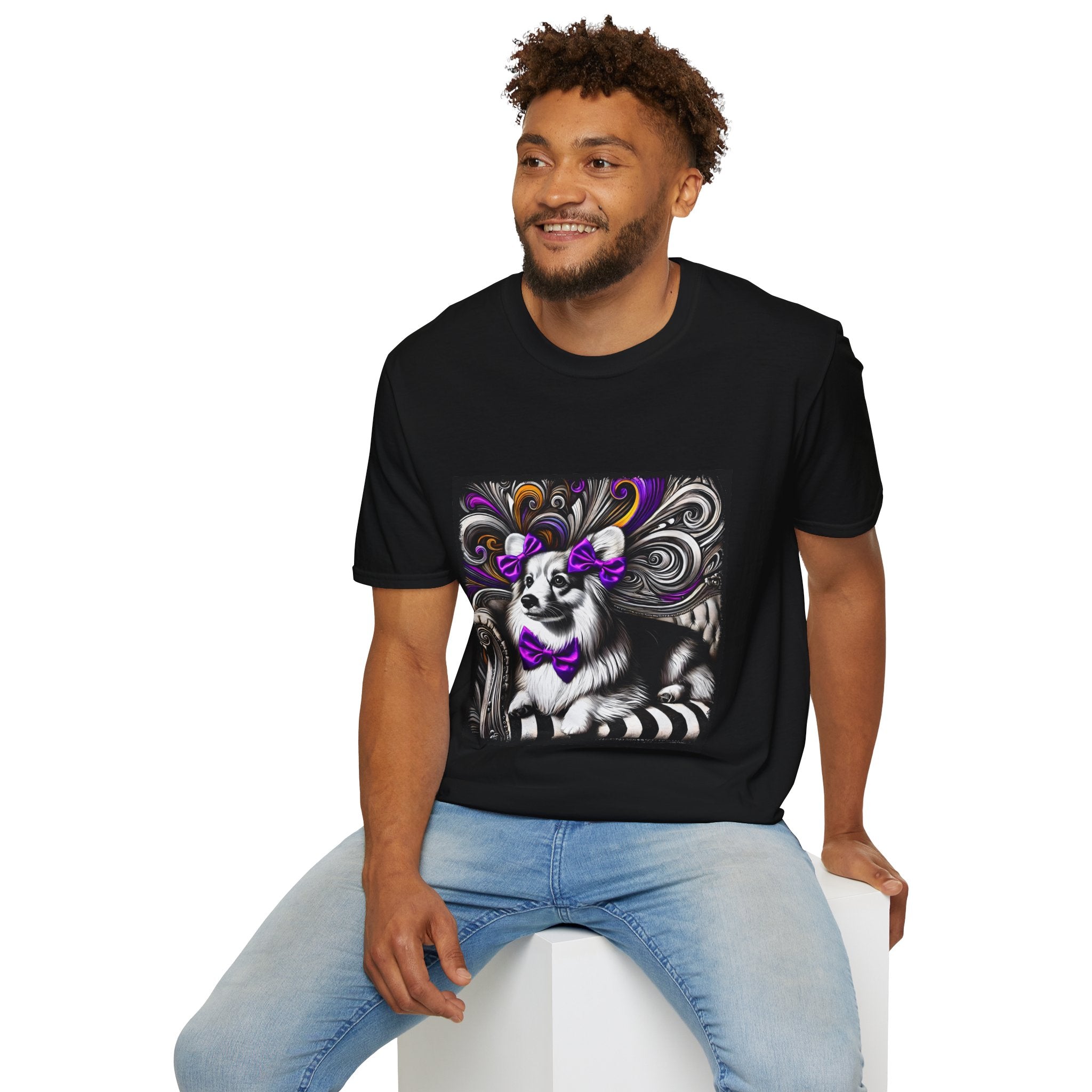 Pembroke Welsh Corgi B&W Purple Bow | Unisex Dog T-Shirt