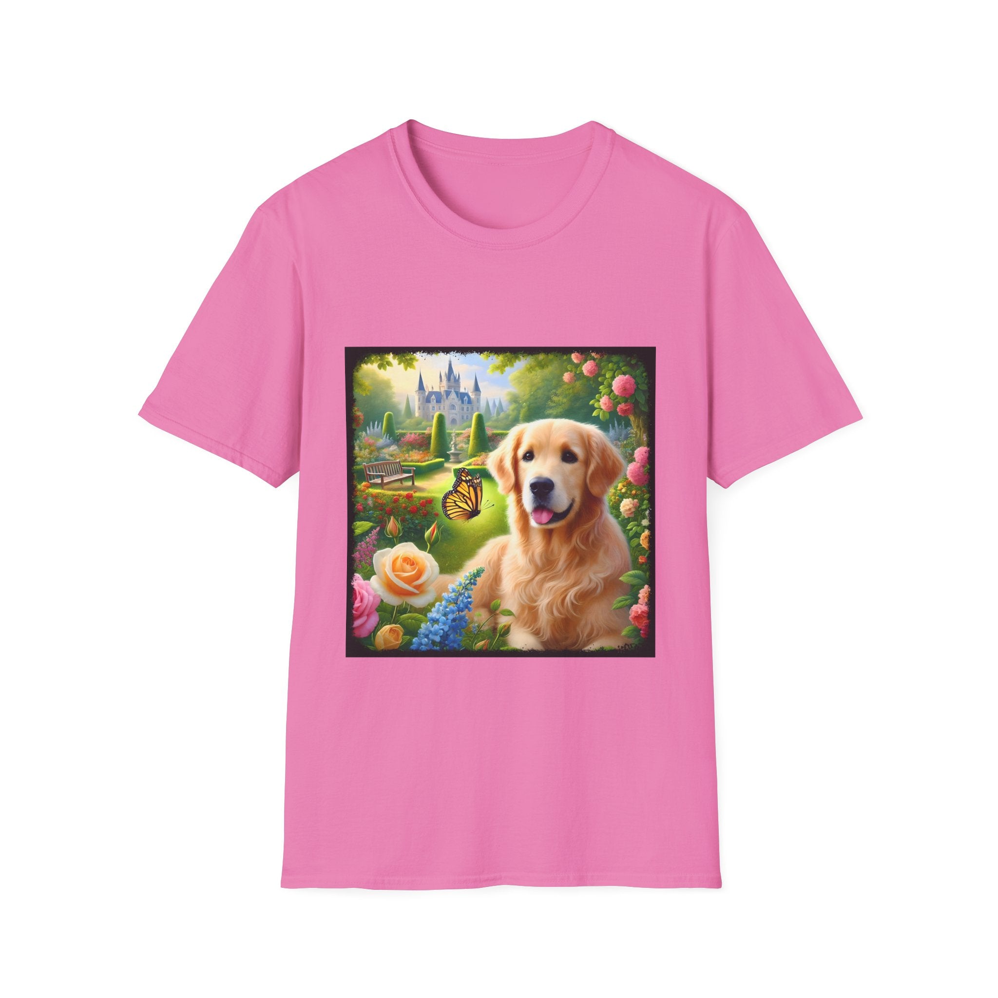 PInk dog t-shirt featuring a golden retriever in a vibrant castle garden with blooming roses and a butterfly.
