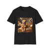 Black dog t-shirt featuring regal golden retriever in diamond collar lounging on ornate gold baroque settee.