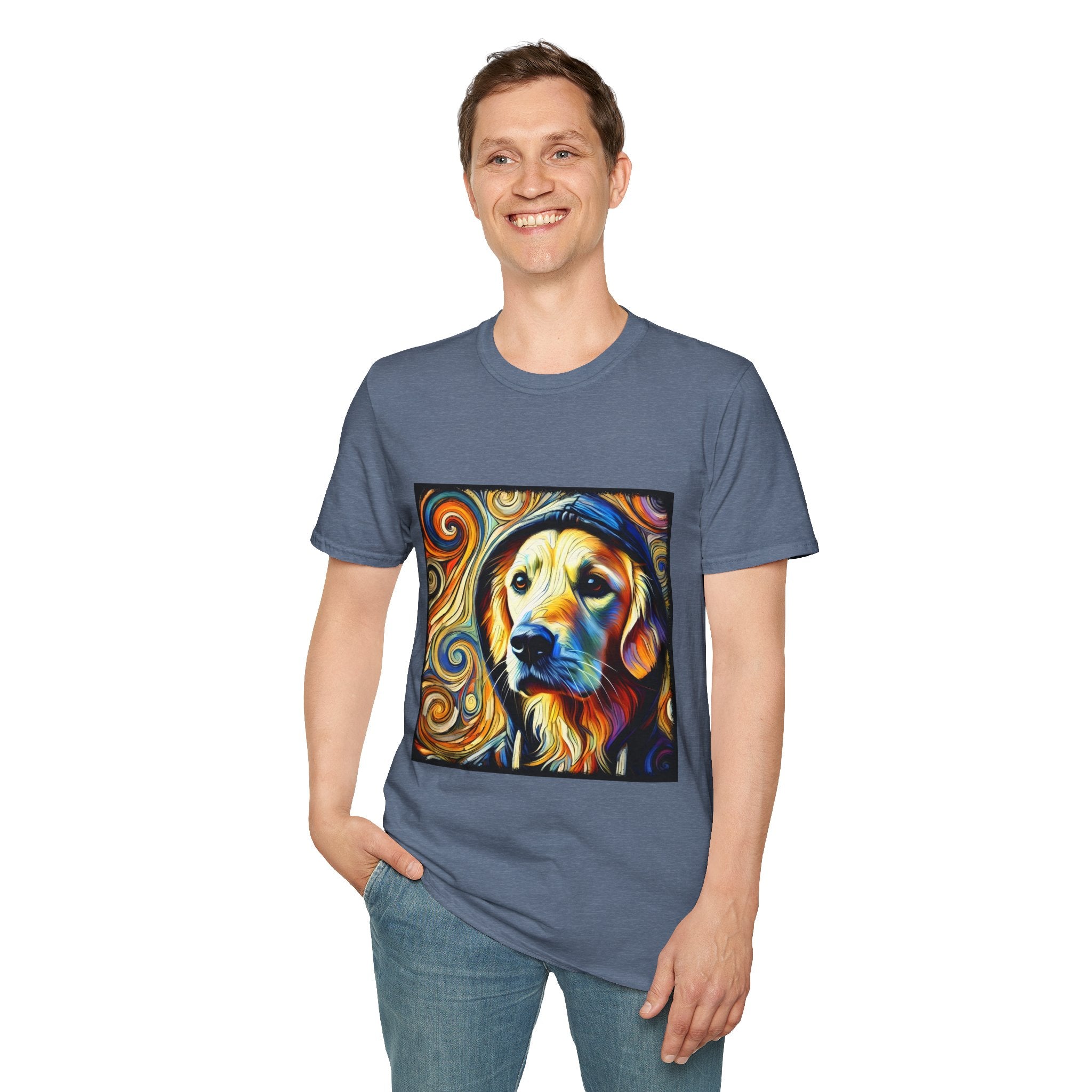 Male standing in heather indigo dog t-shirt with golden retriever in hoodie, swirled background in orange, yellow, and teal tones.