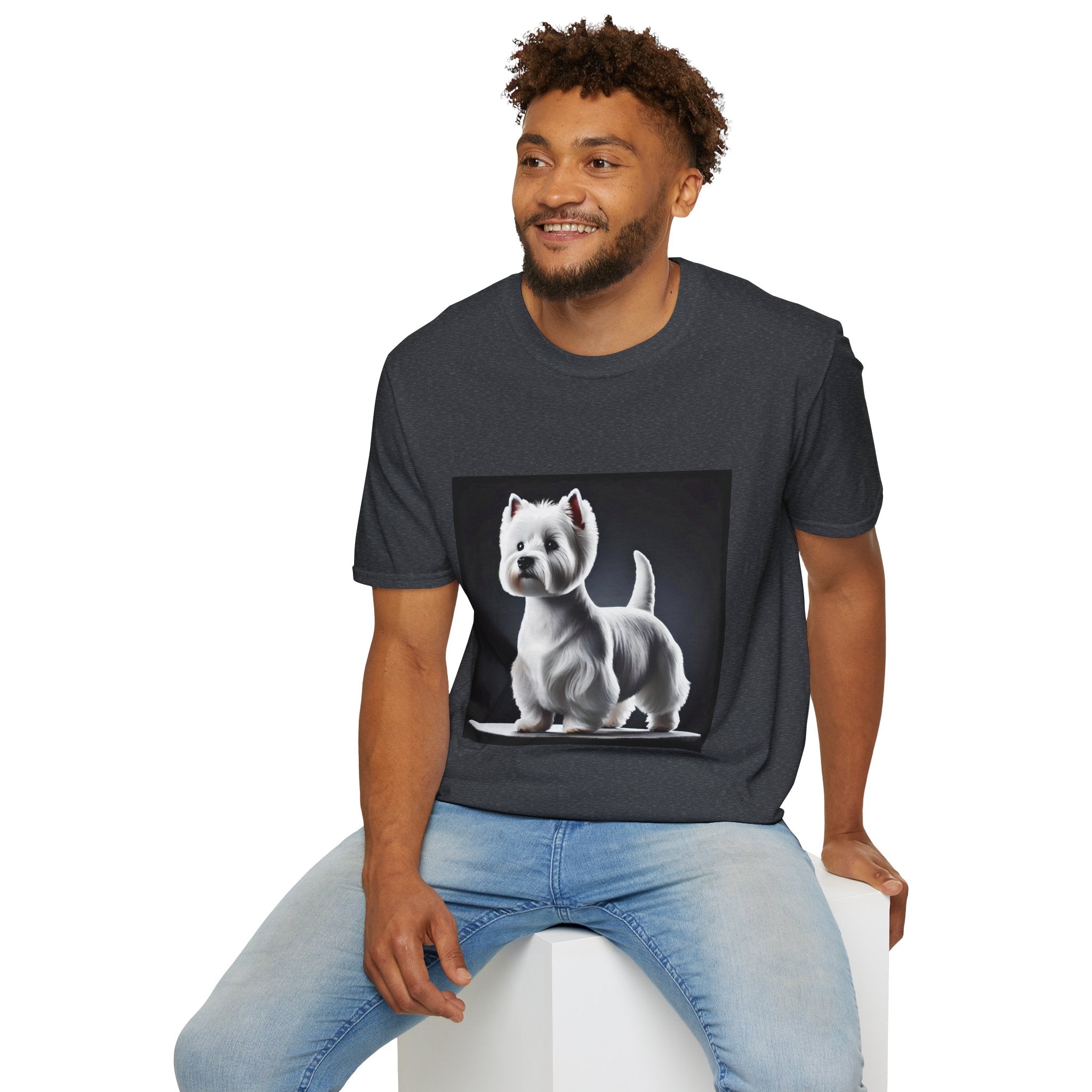 Male model in dark heather gray dog t-shirt featuring a Westie standing proud on a platform against a dramatic dark backdrop.