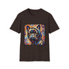 Dog t-shirt in dark brown featuring colorful French Bulldog in hoodie, set against vivid swirl-patterned background.