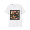 White dog t-shirt featuring coonhound in rose garden wearing green embroidered cape and crown of pink flowers.