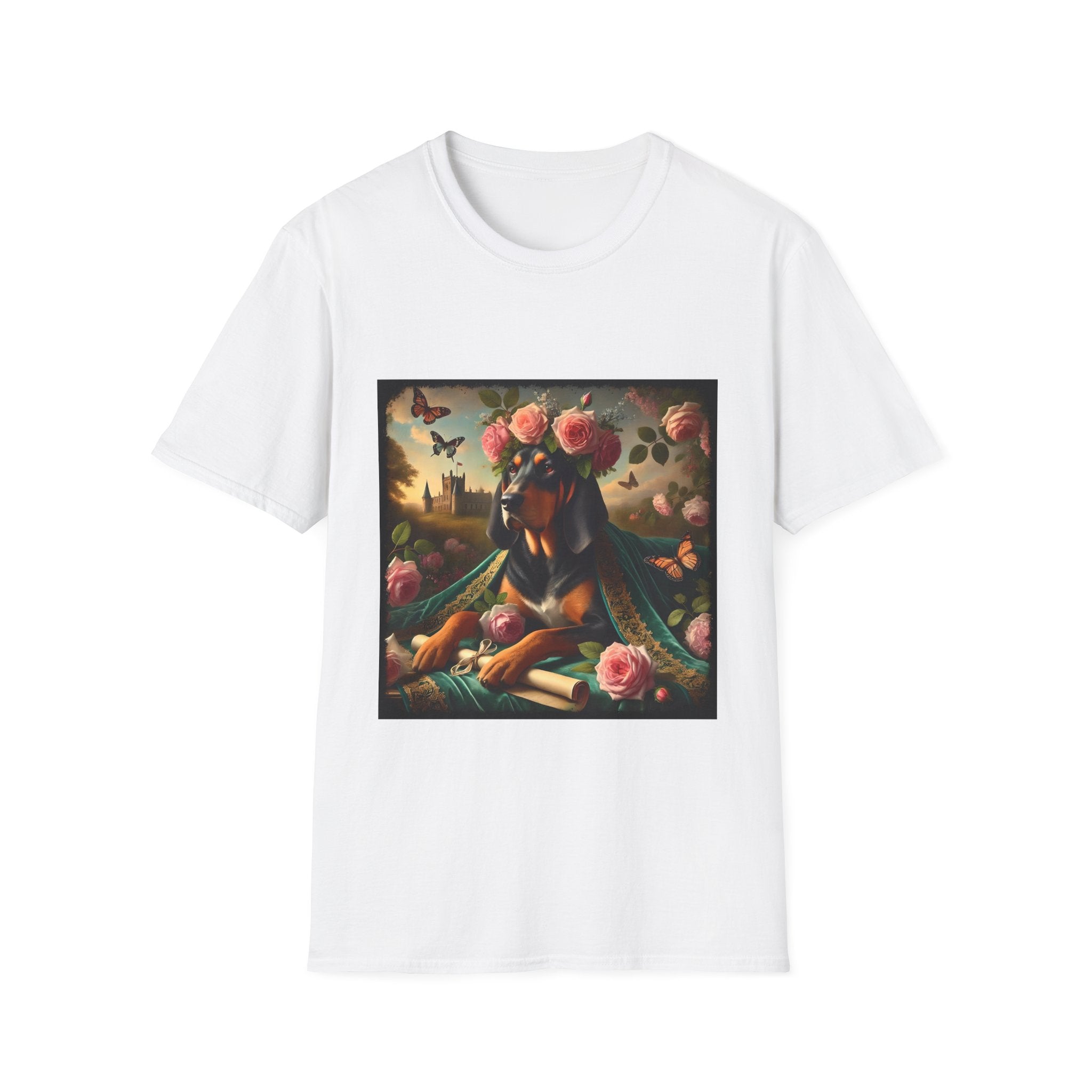 White dog t-shirt featuring coonhound in rose garden wearing green embroidered cape and crown of pink flowers.