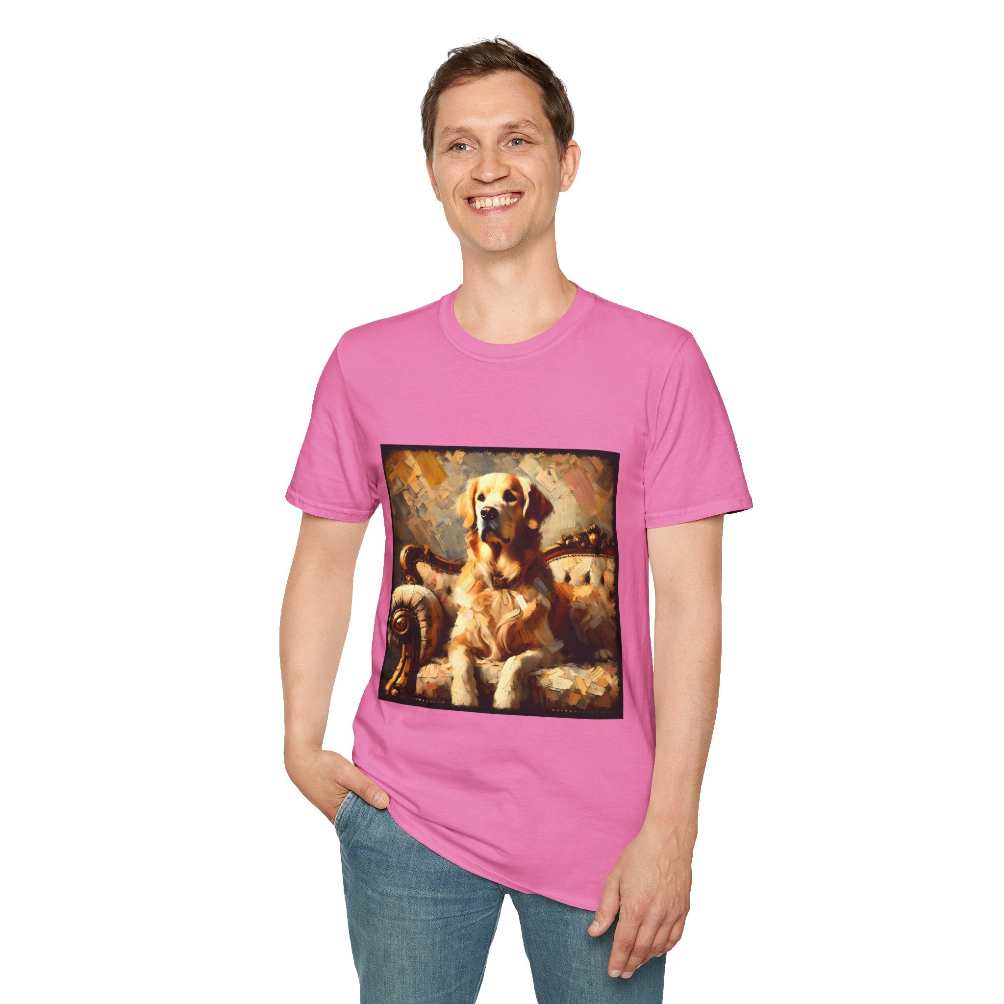Male model in pink dog t-shirt with golden retriever on ornate couch, painted in rich textured brushstrokes.
