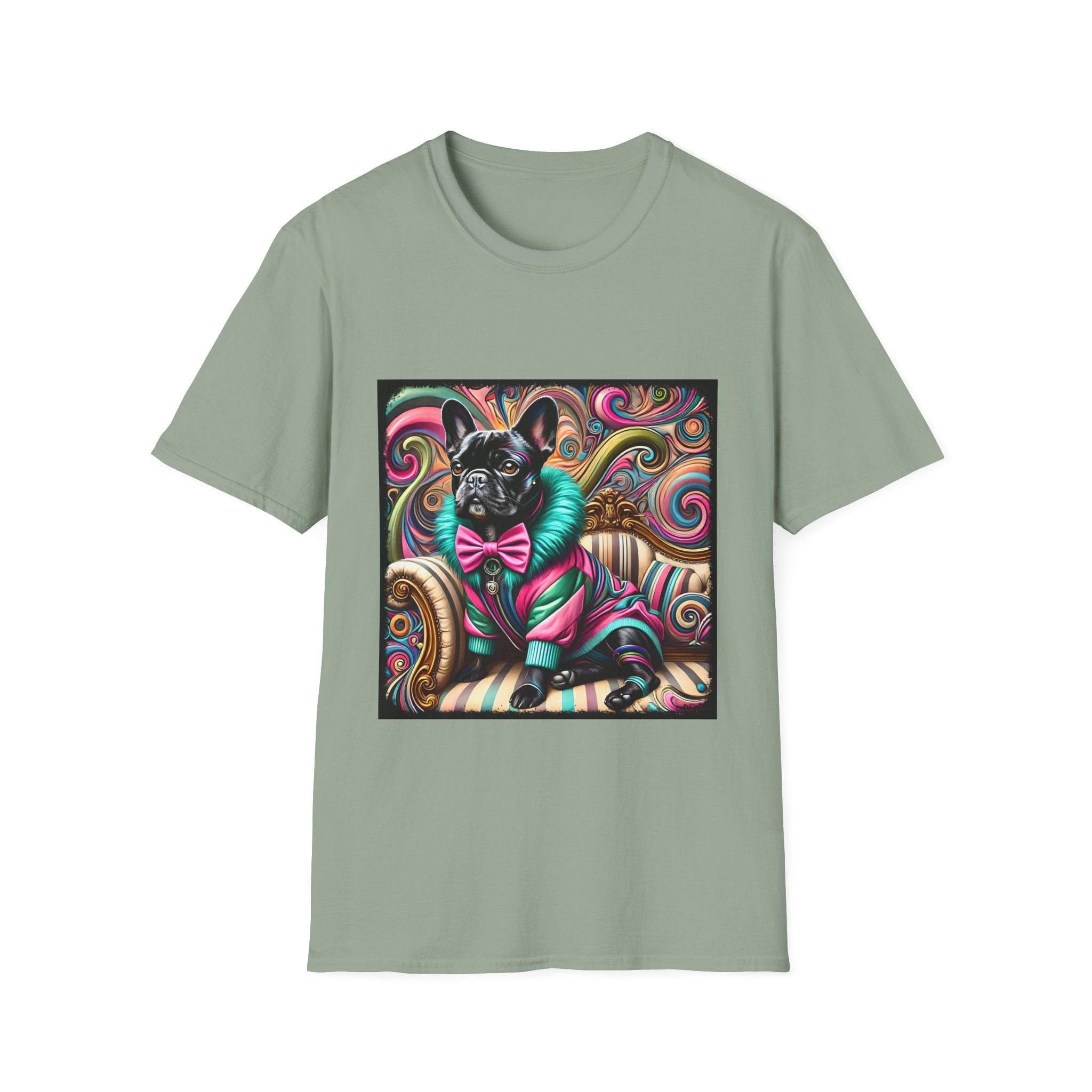 Dog t-shirt in sage green featuring black French Bulldog in pink and teal outfit on ornate striped settee with swirl background.