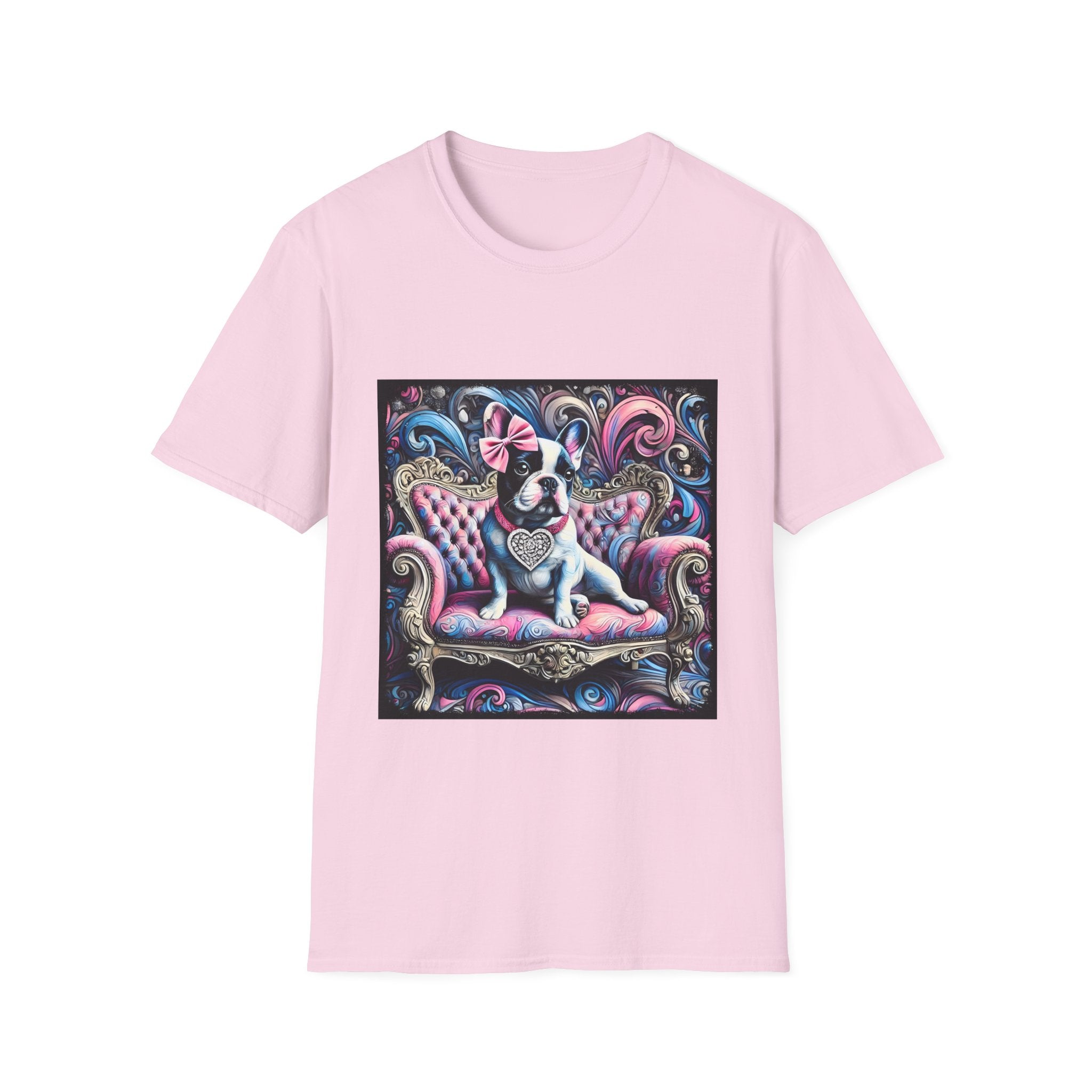 Light pink dog t-shirt featuring a black and white French Bulldog with a pink bow, seated on a tufted pink and gold settee against a swirling blue, pink, and purple expressionist-style background.
