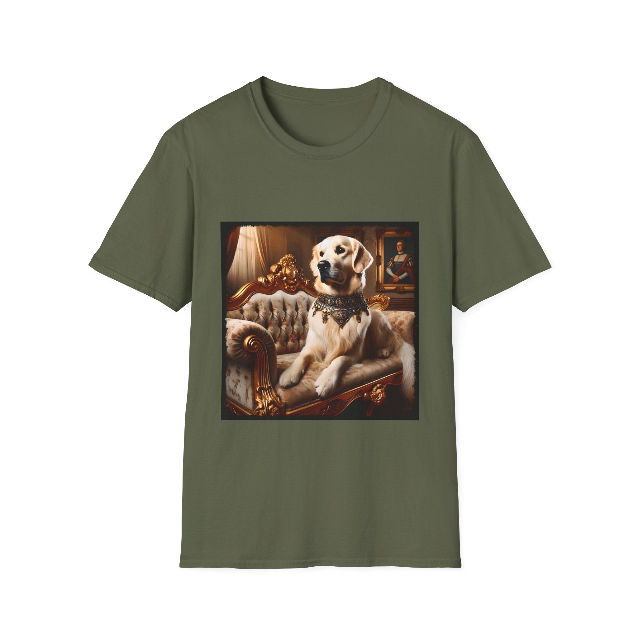 Military green dog t-shirt featuring golden retriever in jeweled collar on ornate cream and gold settee, regal setting.