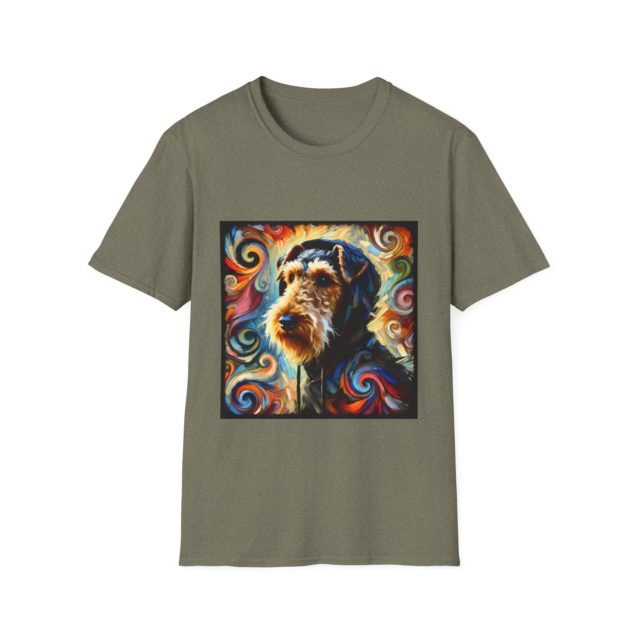 Heather military green dog t-shirt with Airedale terrier in hoodie and vibrant multicolor swirl background.