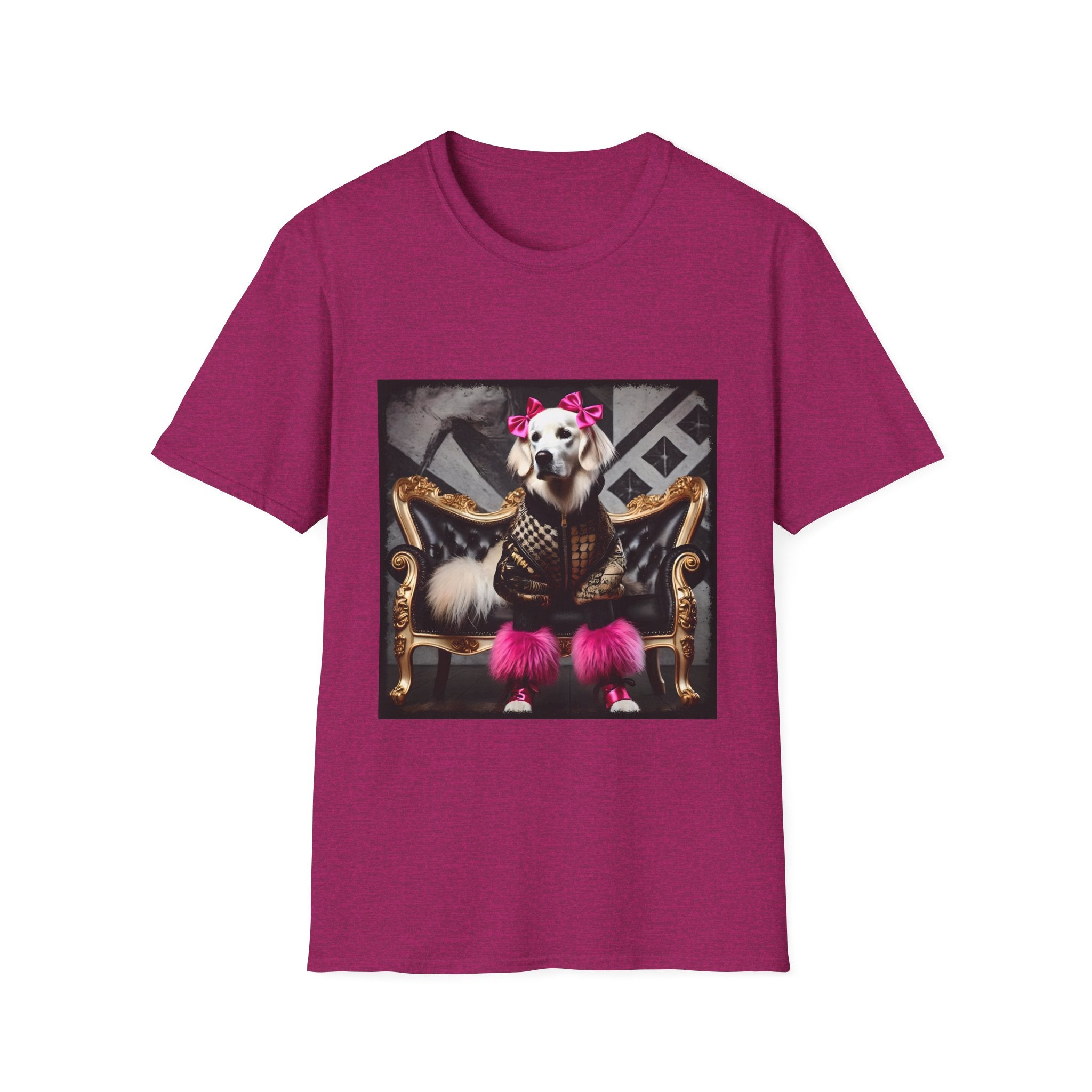 Heather berry dog t-shirt featuring white dog in pink bows and boots on gold settee with edgy gray backdrop.