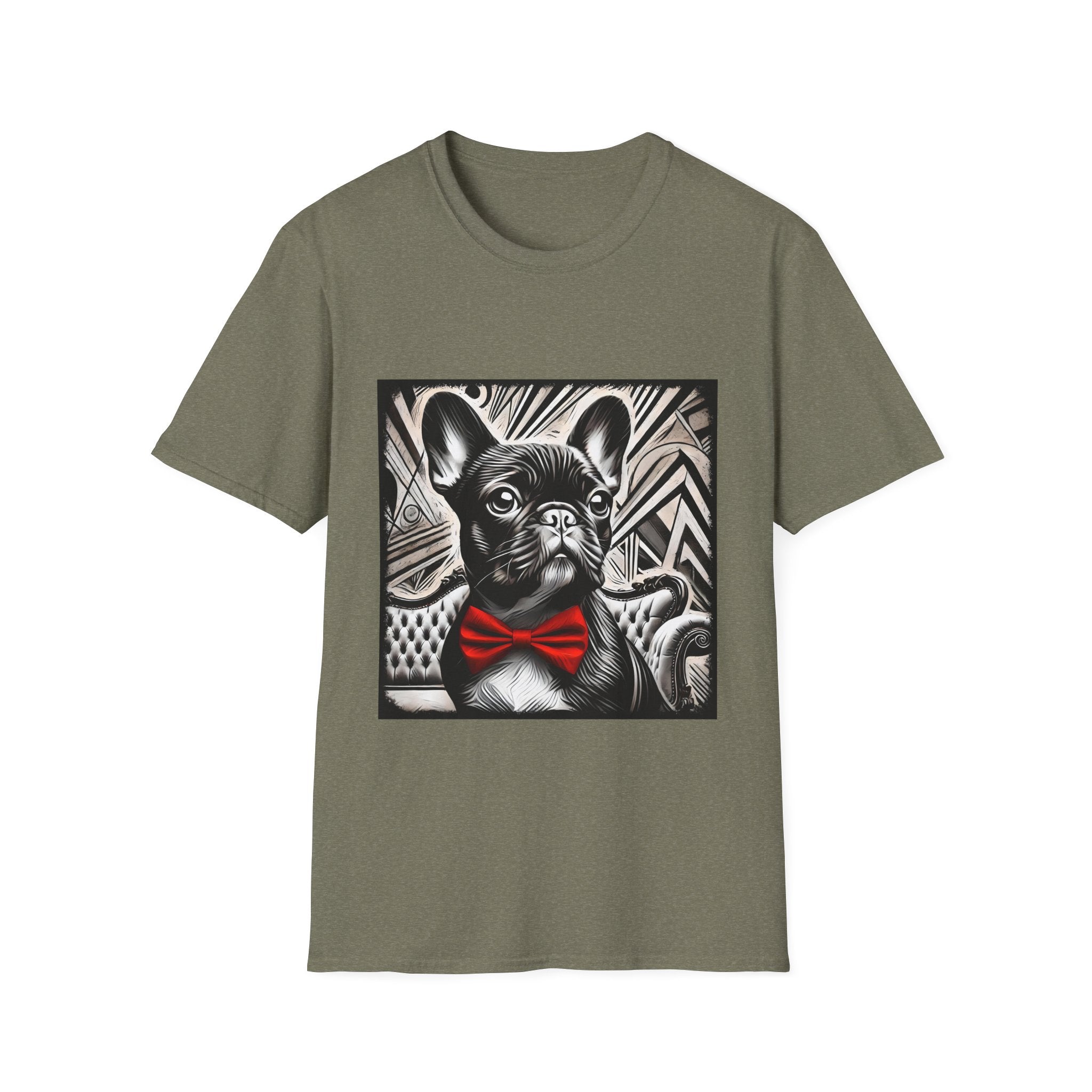 Heather military green dog t-shirt featuring a black and white French Bulldog with a bold red bow tie and art deco backdrop.