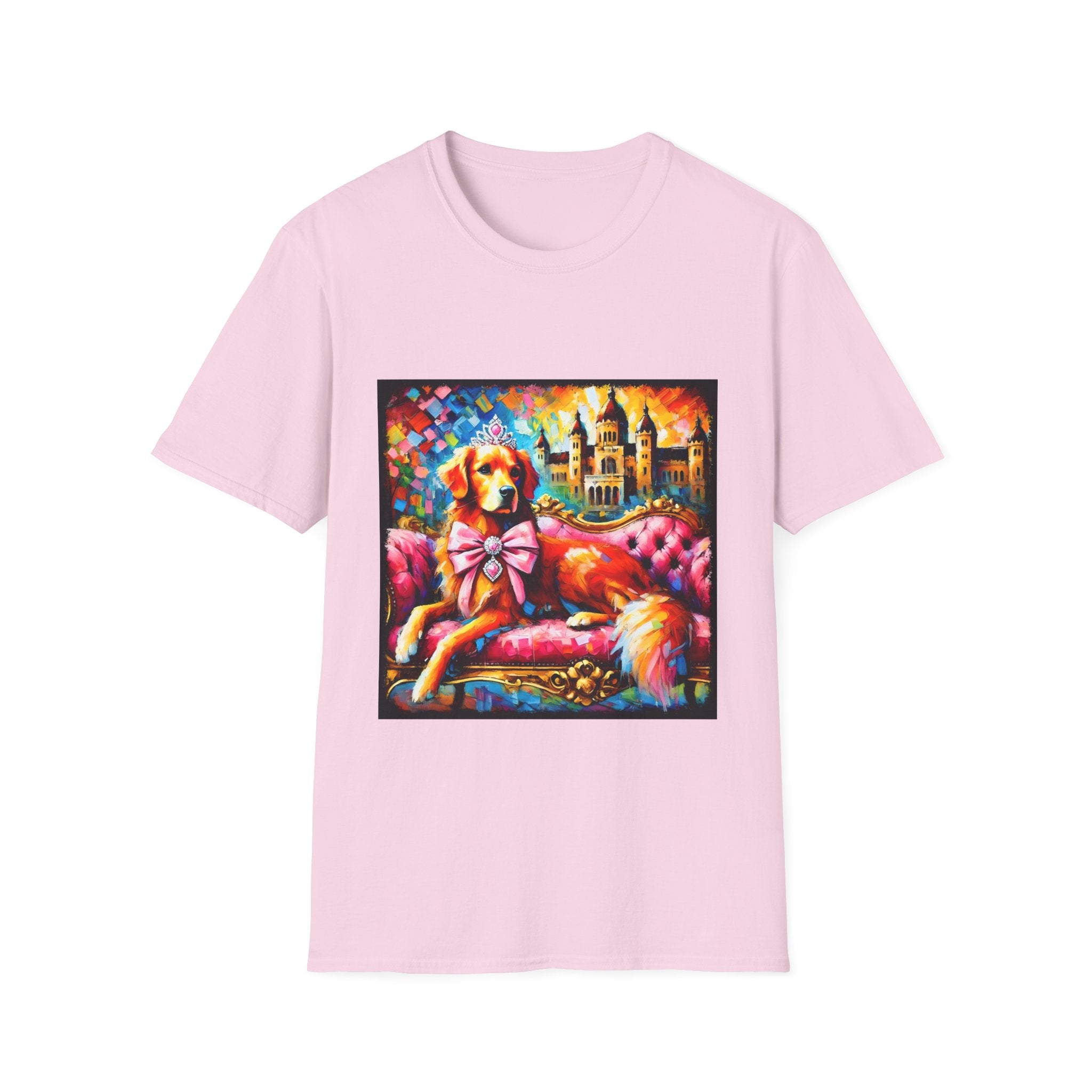 Light pink dog t-shirt featuring golden retriever princess on pink settee with tiara and castle backdrop.
