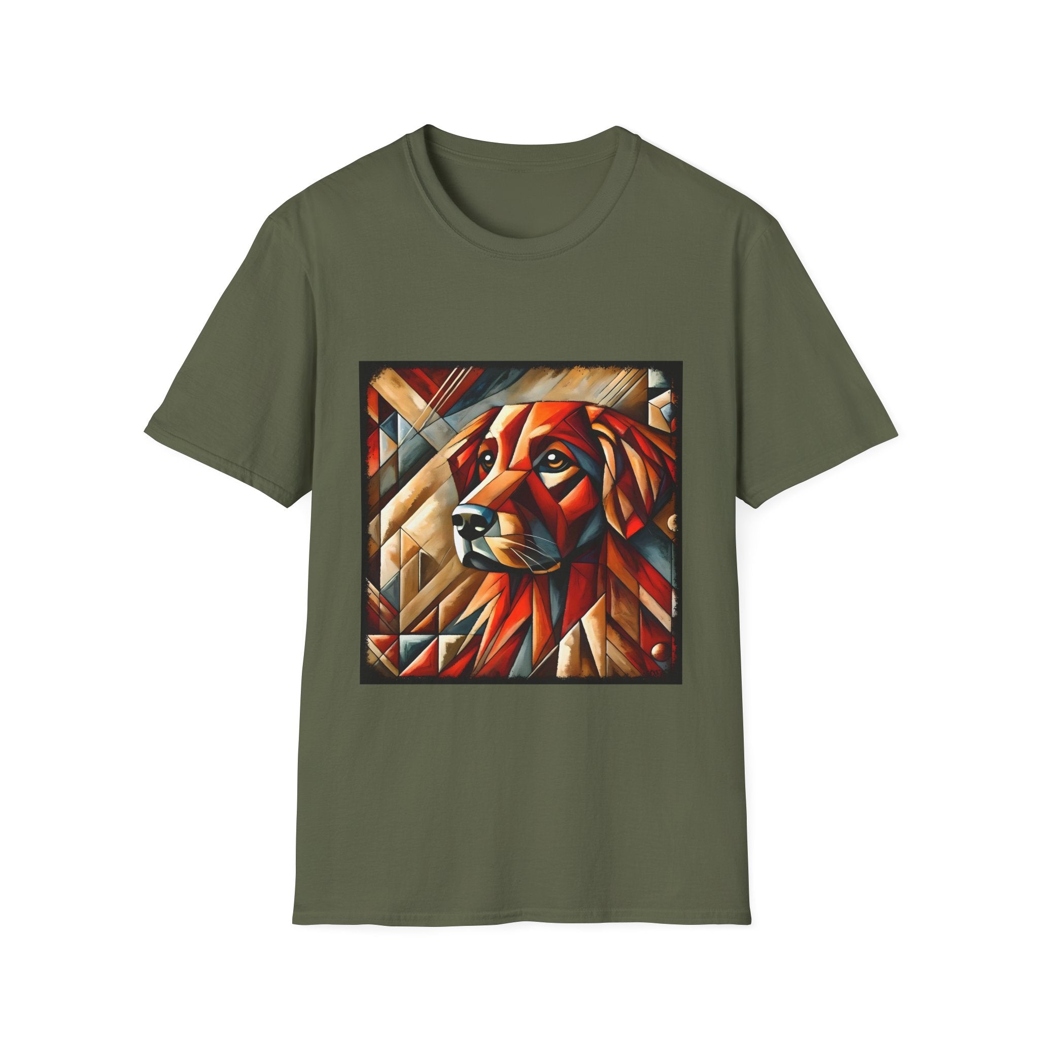 Military green dog t-shirt featuring red geometric golden retriever portrait in cubist style with bold angles.