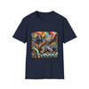 Navy blue dog t-shirt featuring coonhound on teal settee wearing ornate gold-trimmed robe with silk scarf.