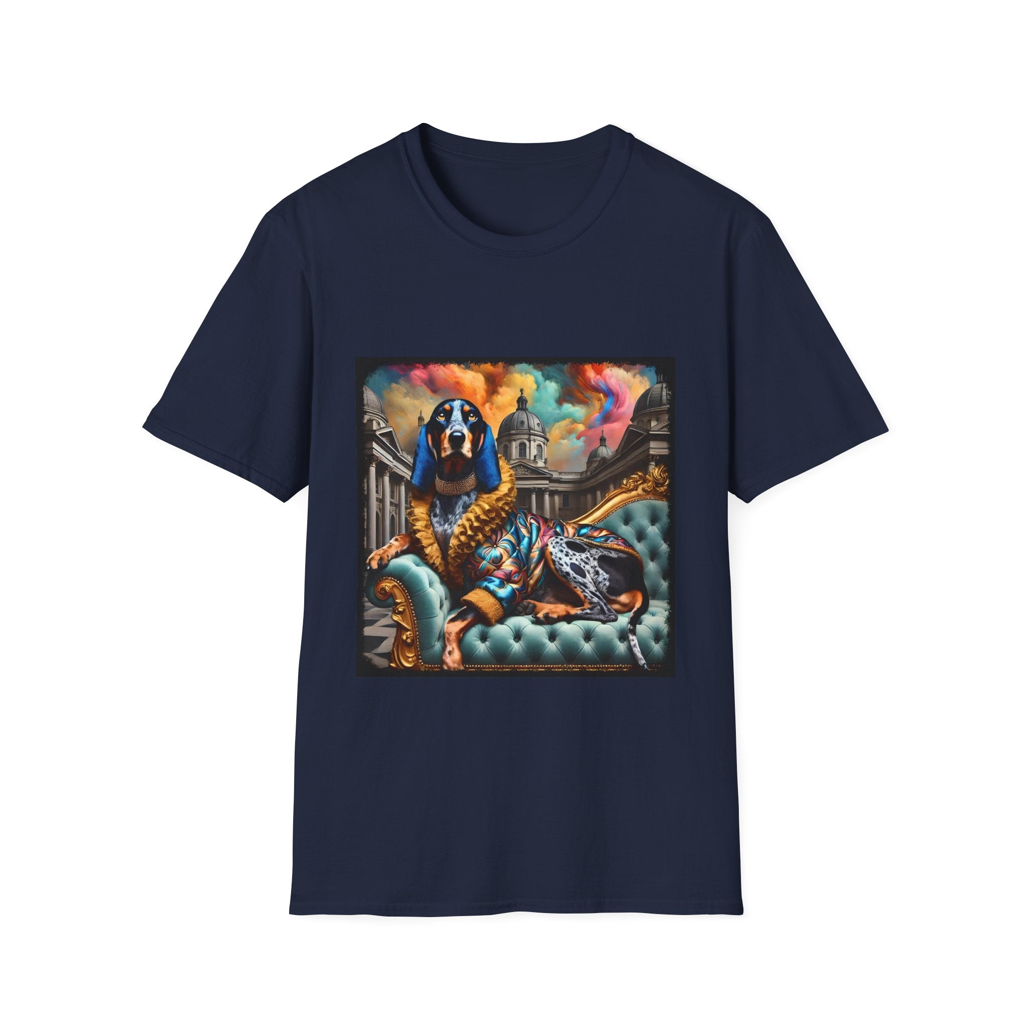 Navy blue dog t-shirt featuring coonhound on teal settee wearing ornate gold-trimmed robe with silk scarf.
