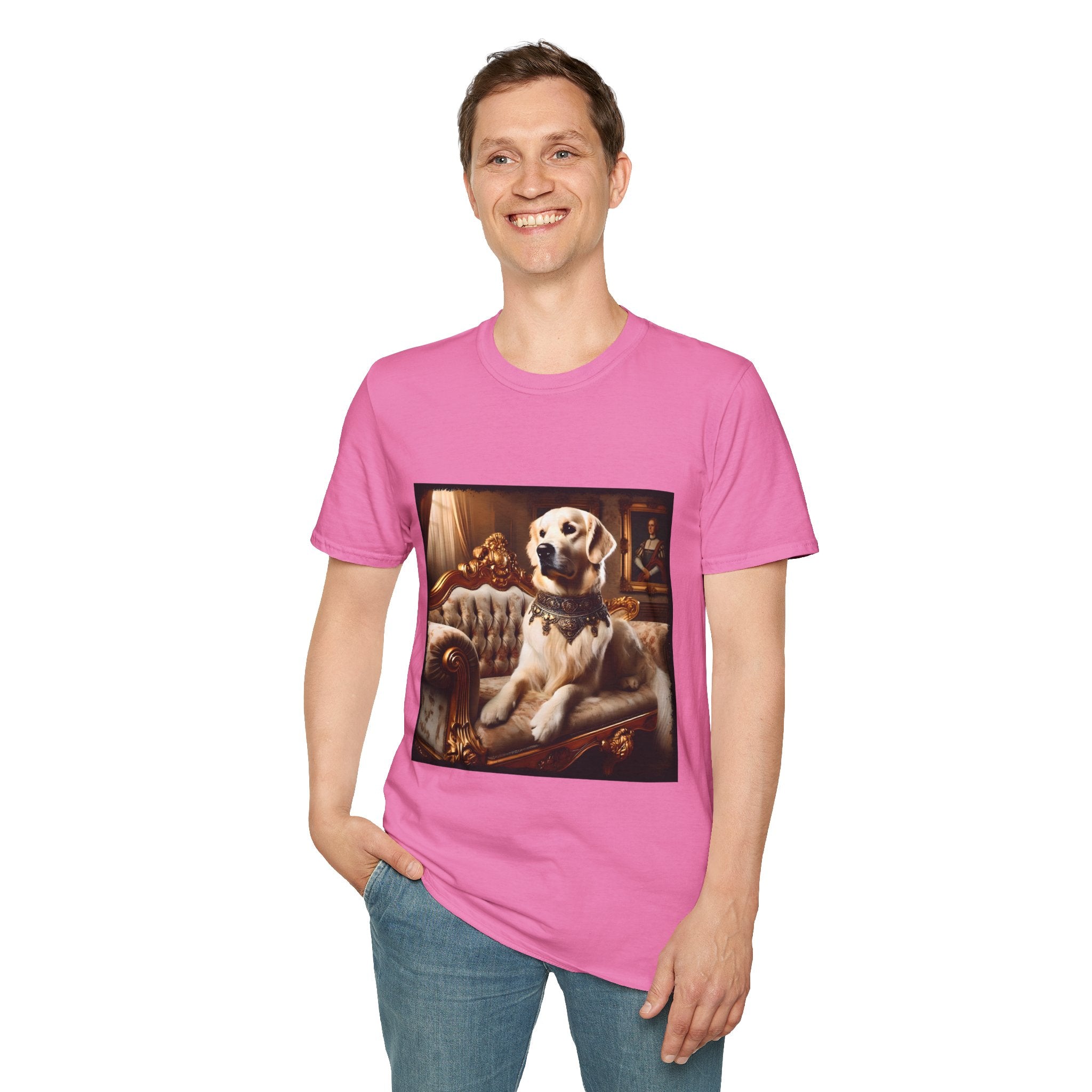 Male model in pink dog t-shirt featuring golden retriever in jeweled collar on ornate cream and gold settee, regal setting.