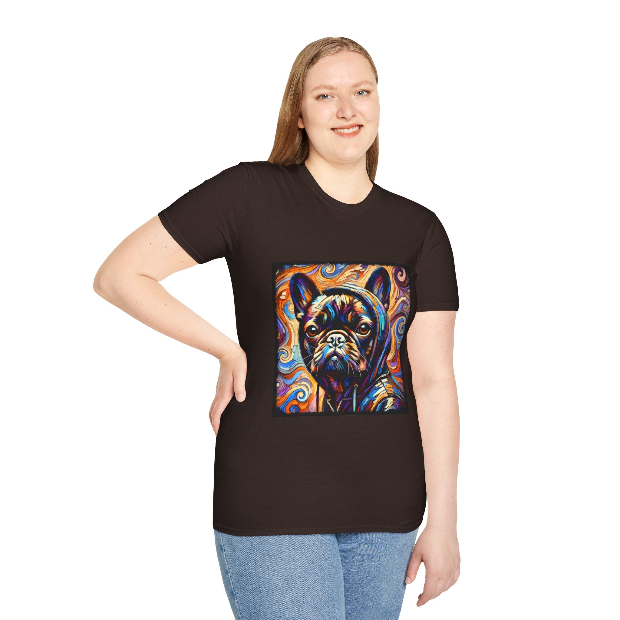 Female model in chocolate brown dog t-shirt featuring colorful French Bulldog in hoodie with vivid swirl background.