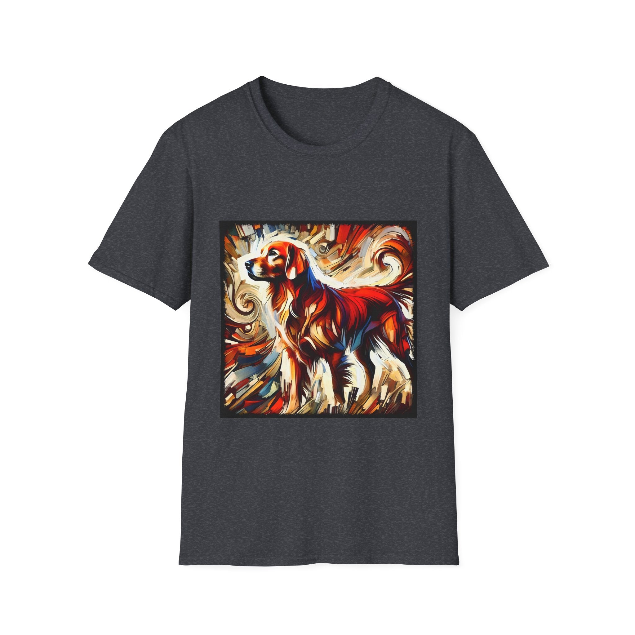 Dark Heather dog t-shirt with golden retriever in red coat, abstract swirl background in bold warm tones.