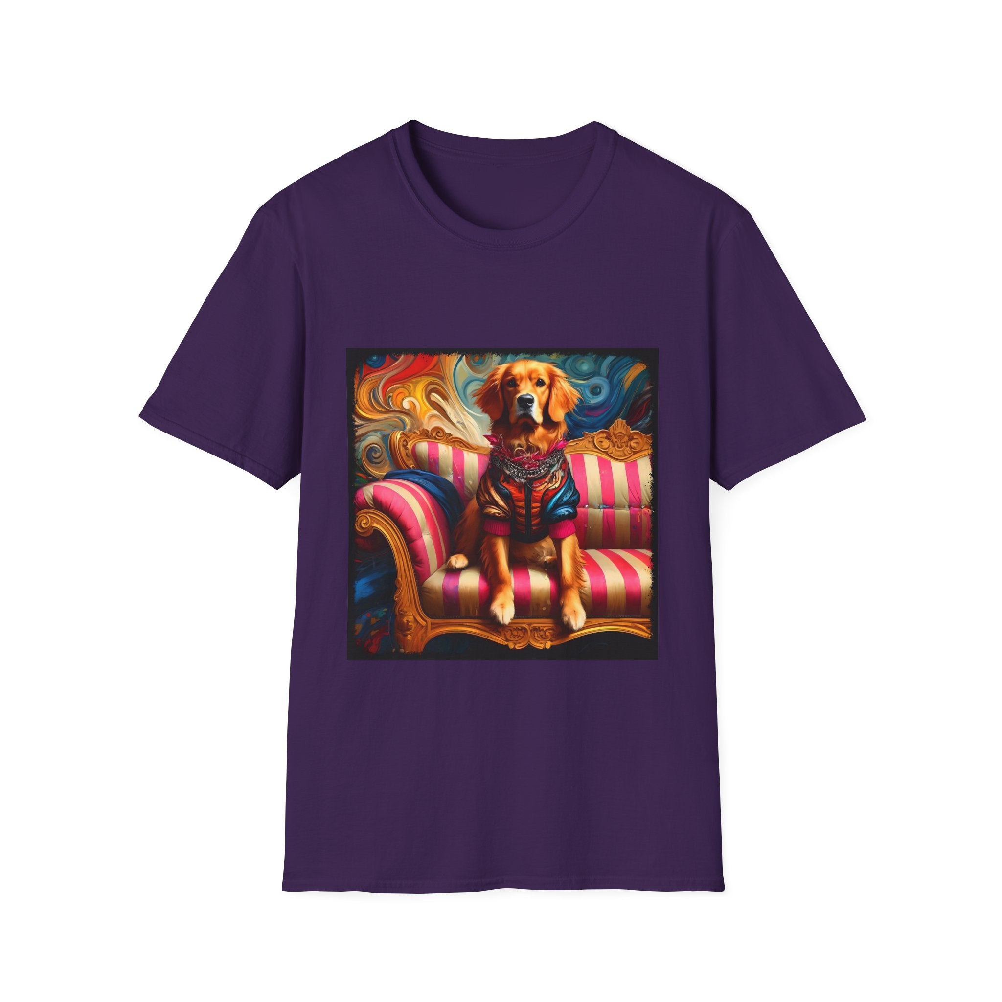 Purple dog t-shirt with golden retriever in regal jacket on pink striped settee, swirled backdrop.