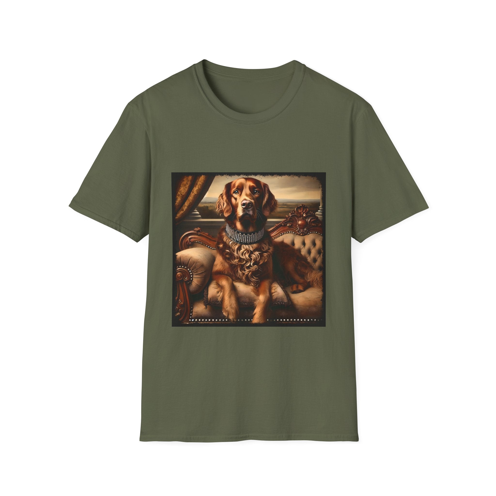 Military green dog t-shirt featuring a chocolate brown golden retriever in a jeweled collar, seated on a vintage tufted settee.