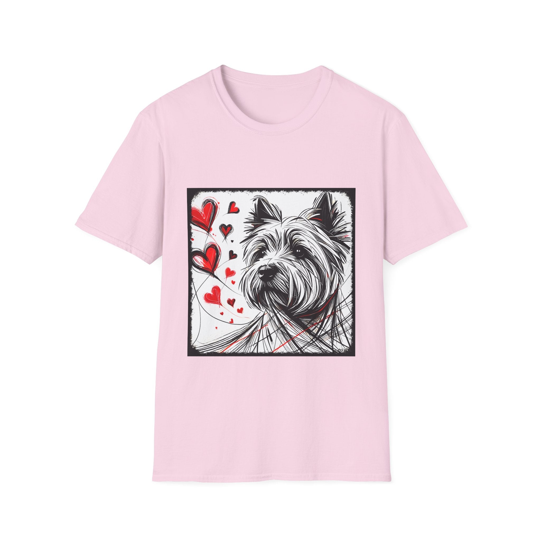 Light pink dog t-shirt featuring sketch-style Westie with red hearts and abstract black line accents.