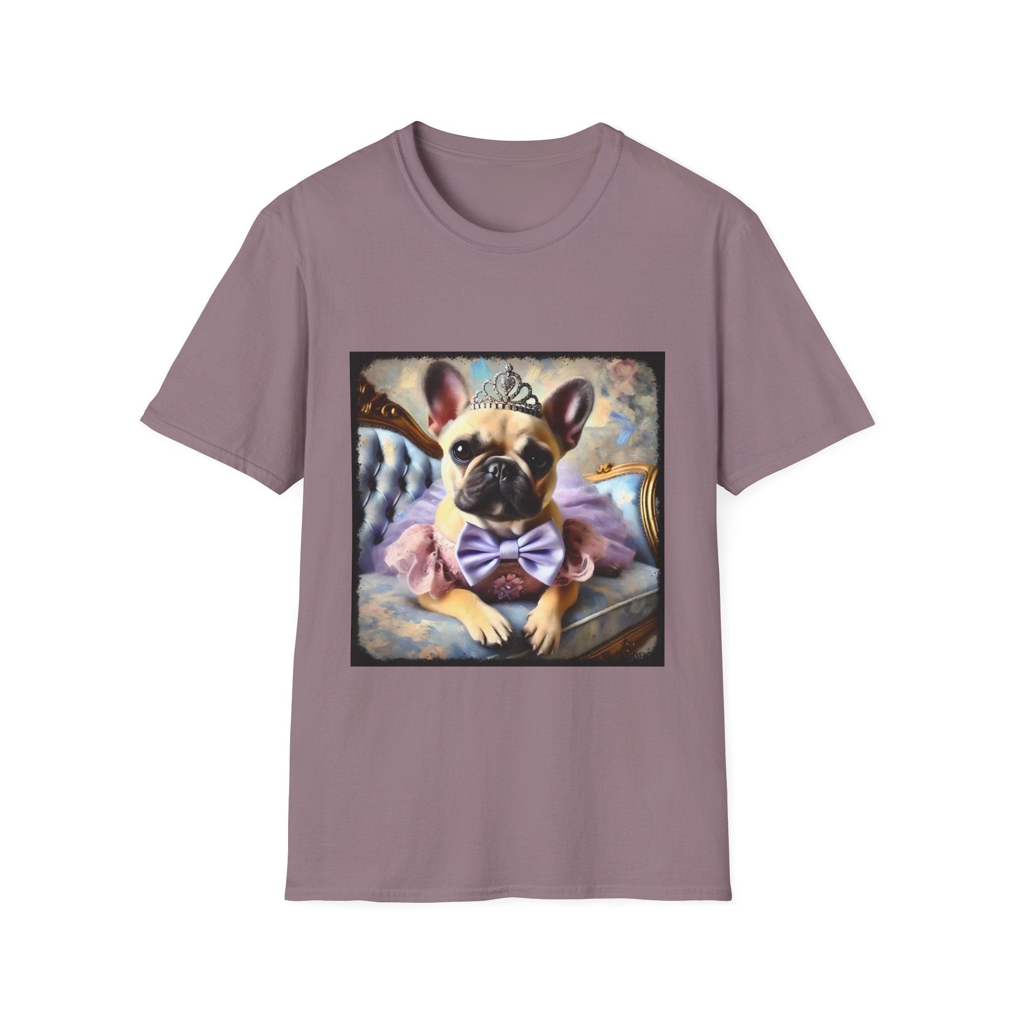 Mauve dog t-shirt featuring French Bulldog wearing tiara, purple tutu, and bow, seated on royal chair with pastel background.