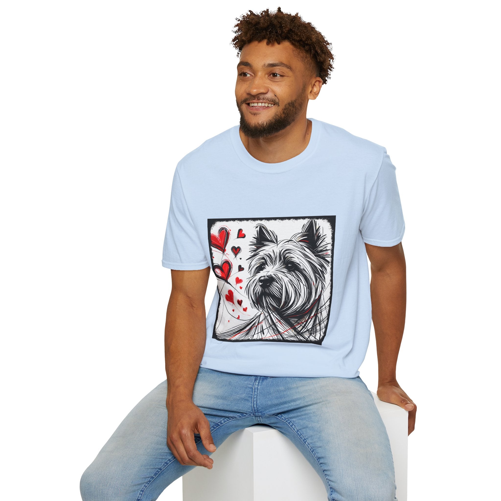 Male model in light blue dog t-shirt featuring sketch-style Westie with red hearts and abstract black line accents.