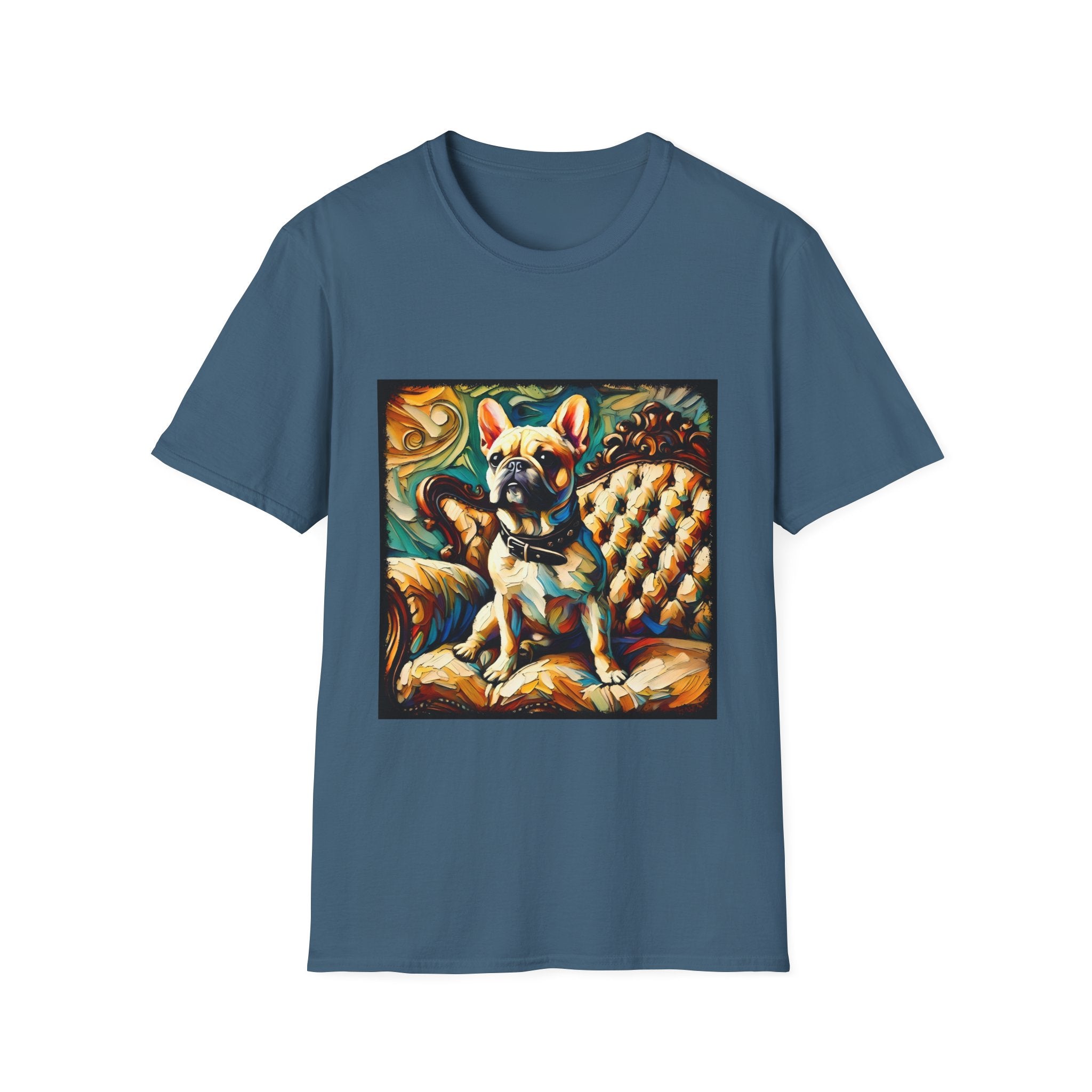 Indigo blue dog t-shirt featuring fawn French Bulldog with collar on golden tufted settee and bold swirl backdrop.