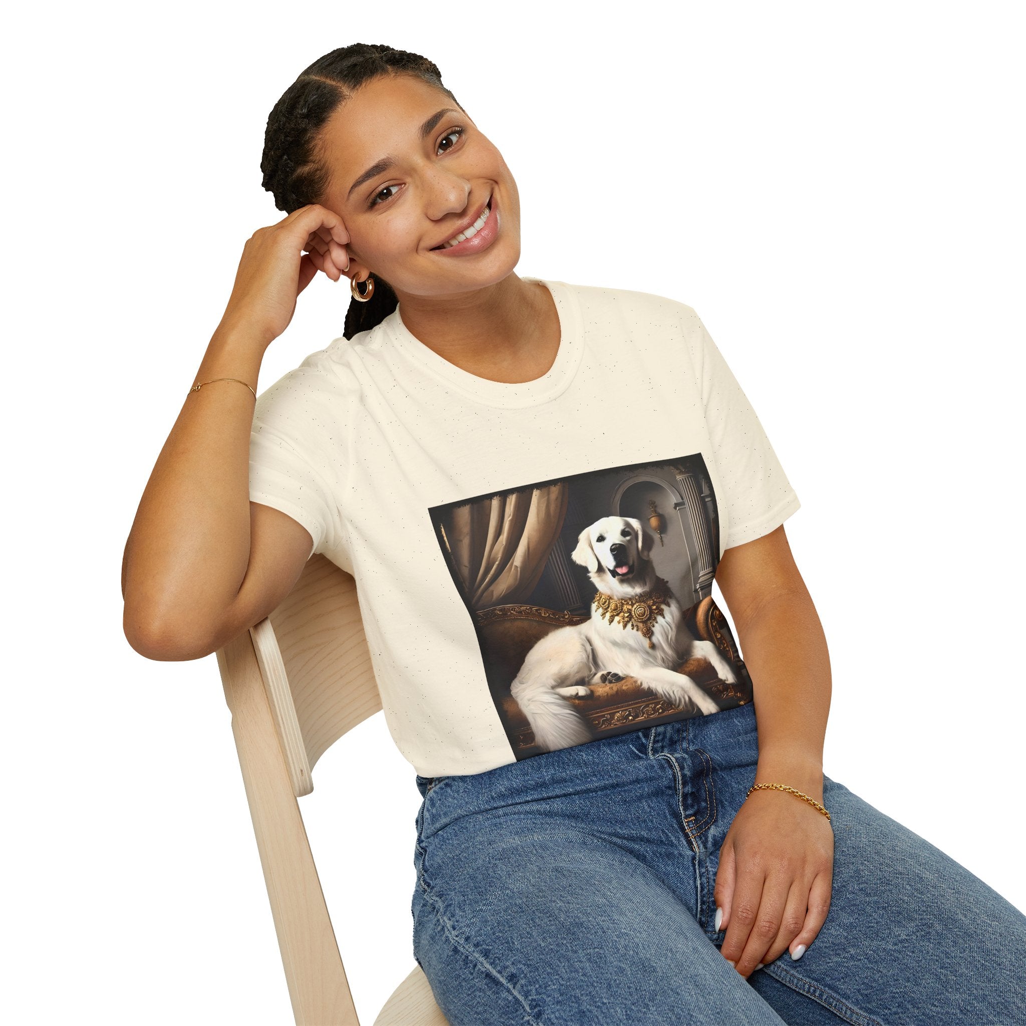 Female model wears natural dog t-shirt featuring a regal white golden retriever lounging on a gold settee with ornate curtains.