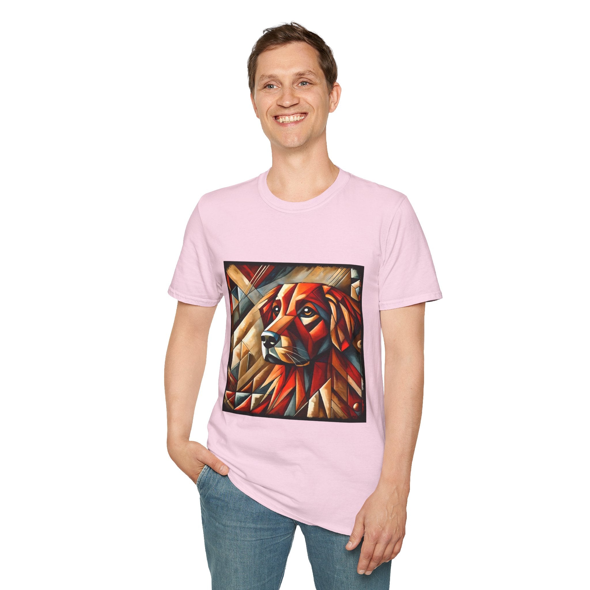 Male model in light pink dog t-shirt featuring red geometric golden retriever portrait in cubist style with bold angles.