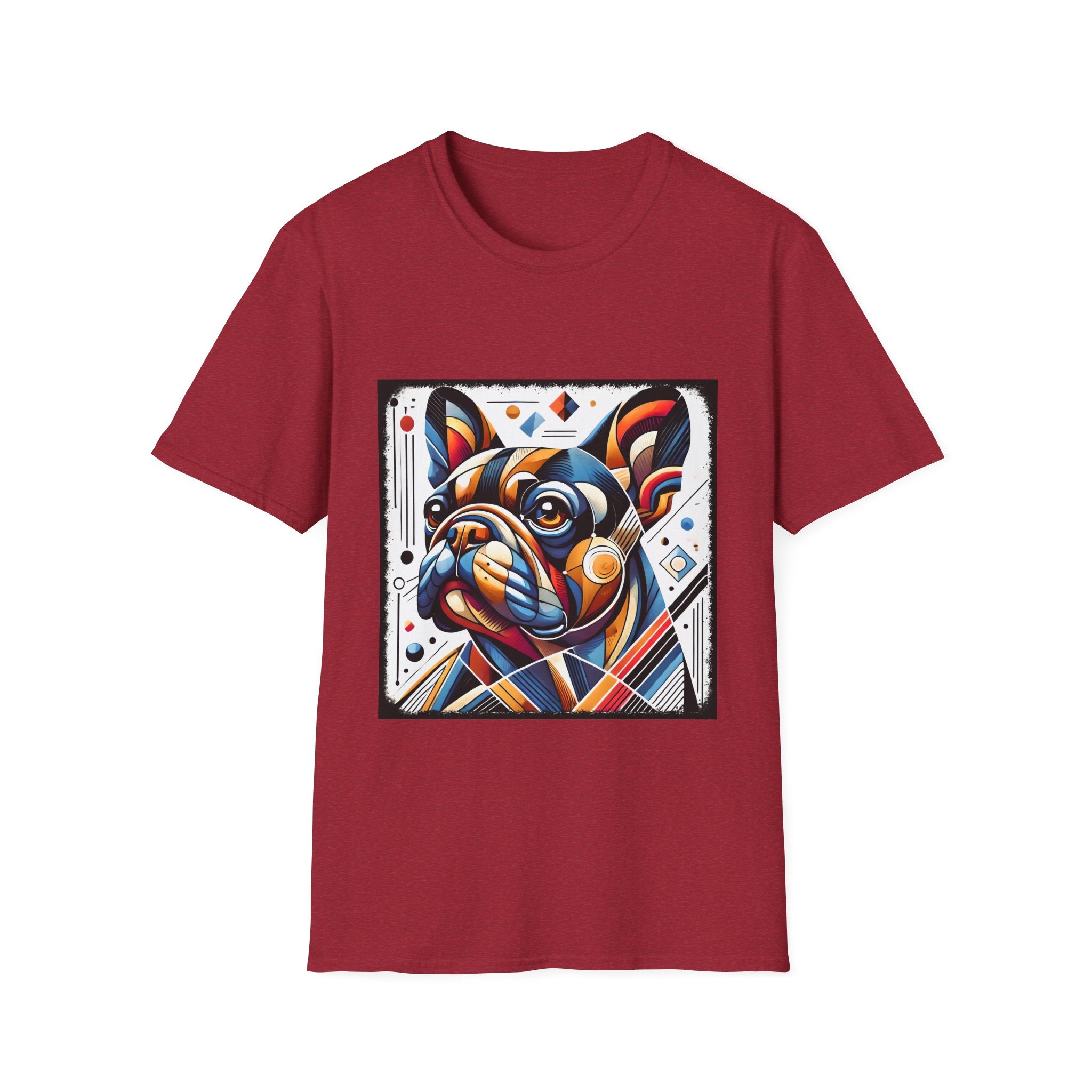 Antique cherry red dog t-shirt featuring geometric-style French Bulldog in vivid orange, blue, and red against a white abstract background.