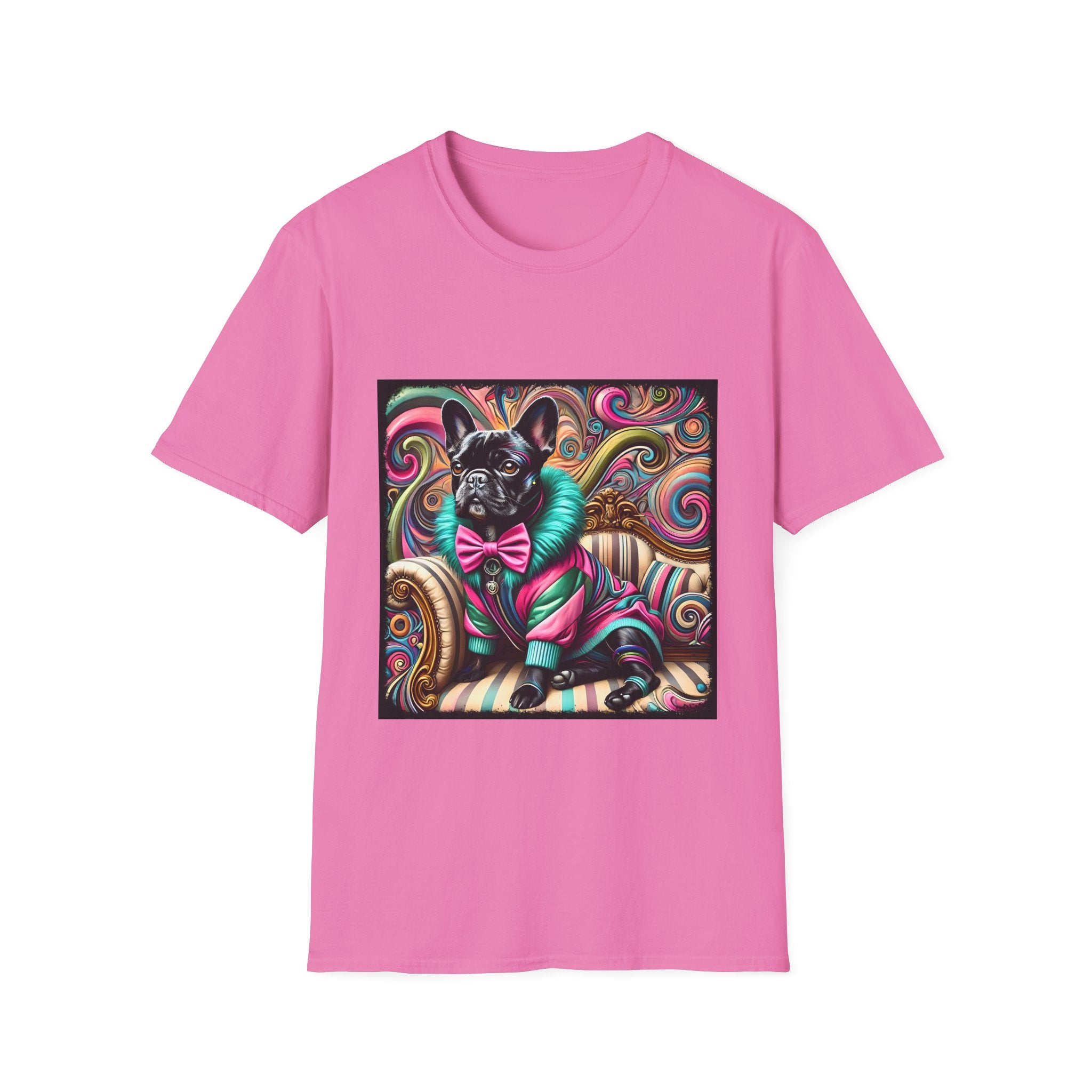 Dog t-shirt in featuring bright pink French Bulldog in pink and teal outfit on ornate striped settee with swirl background.