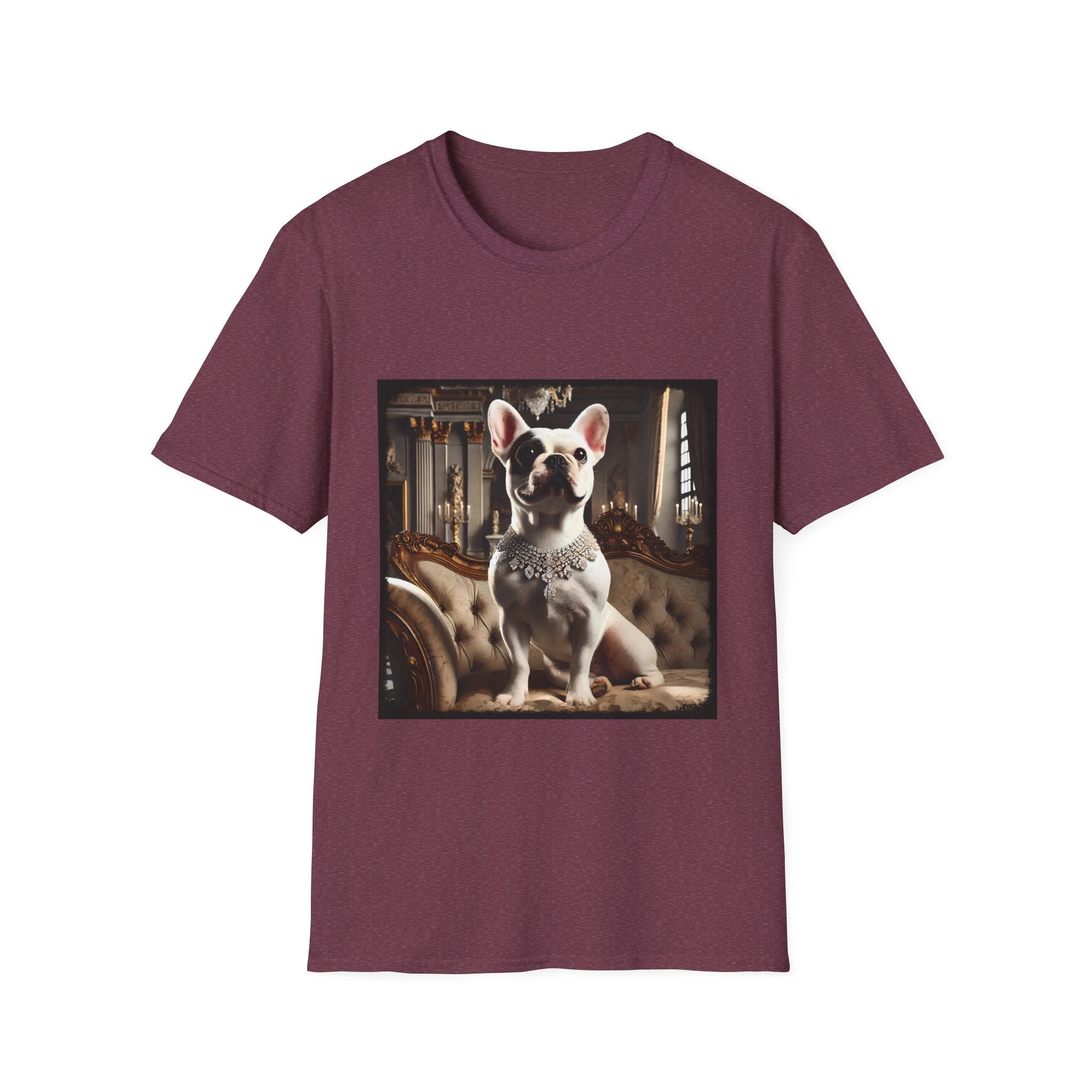 Heather maroon dog t-shirt featuring white French Bulldog wearing jeweled necklace, seated on tufted settee in elegant palace setting.