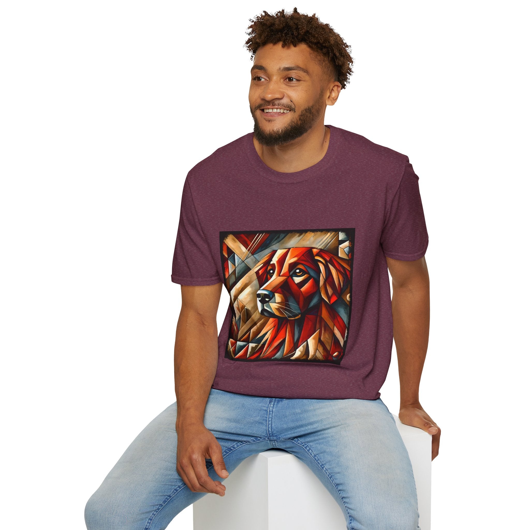 Male model in heather maroon dog t-shirt featuring red geometric golden retriever portrait in cubist style with bold angles.