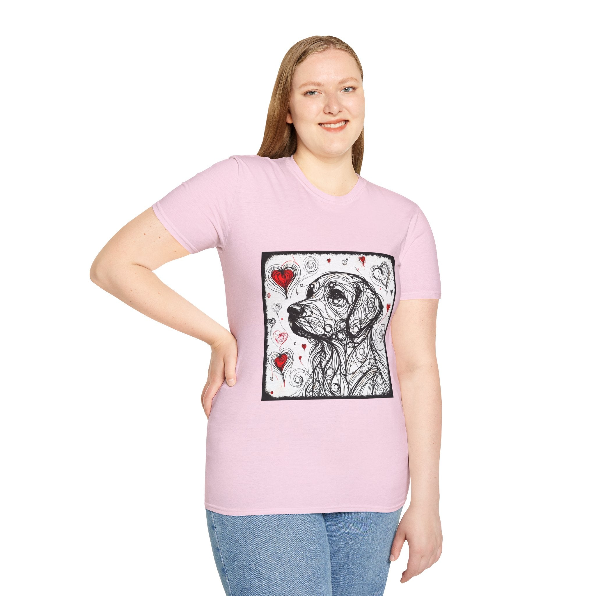 Female model in light pink dog t-shirt with golden retriever line art and red hearts on white background with swirling abstract pattern.