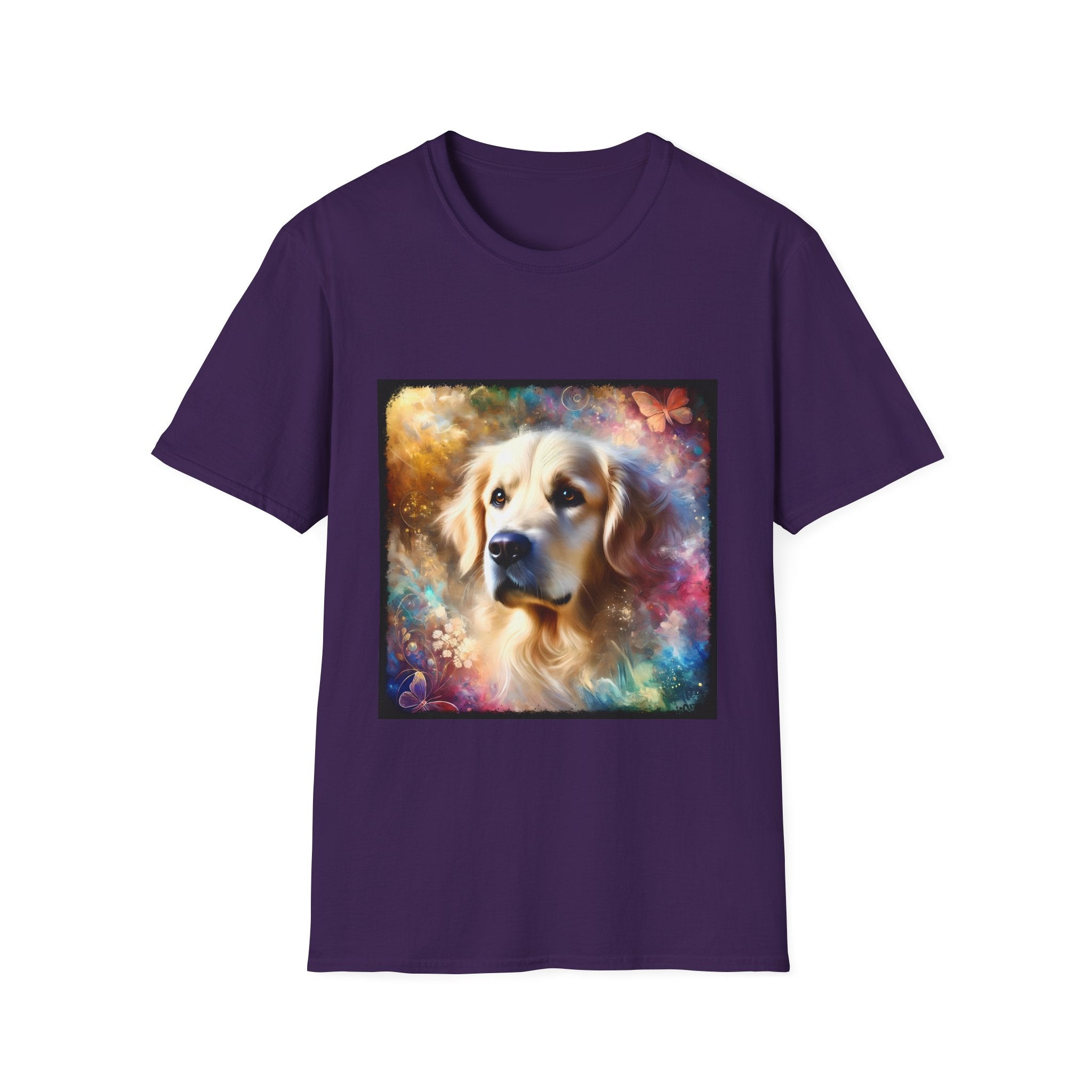Purple dog t-shirt with golden retriever portrait, soft fur, butterflies, and dreamy pastel colors.