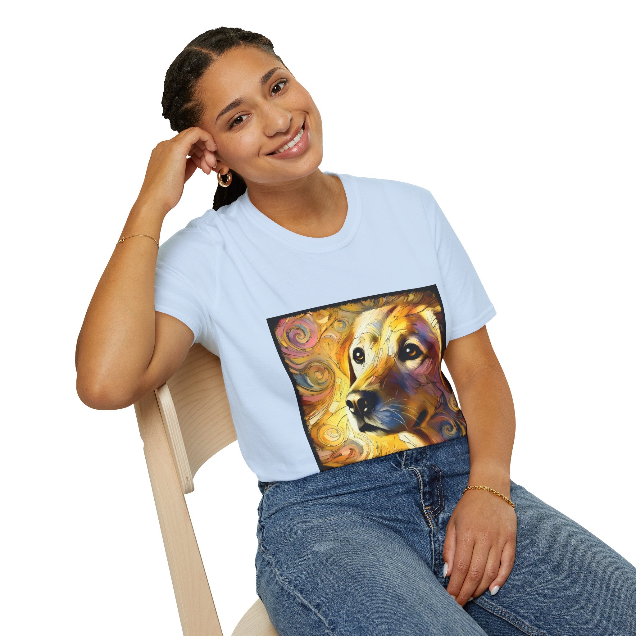 Female model wears light blue dog t-shirt featuring a golden retriever with swirling brushstroke-style yellow-orange background.